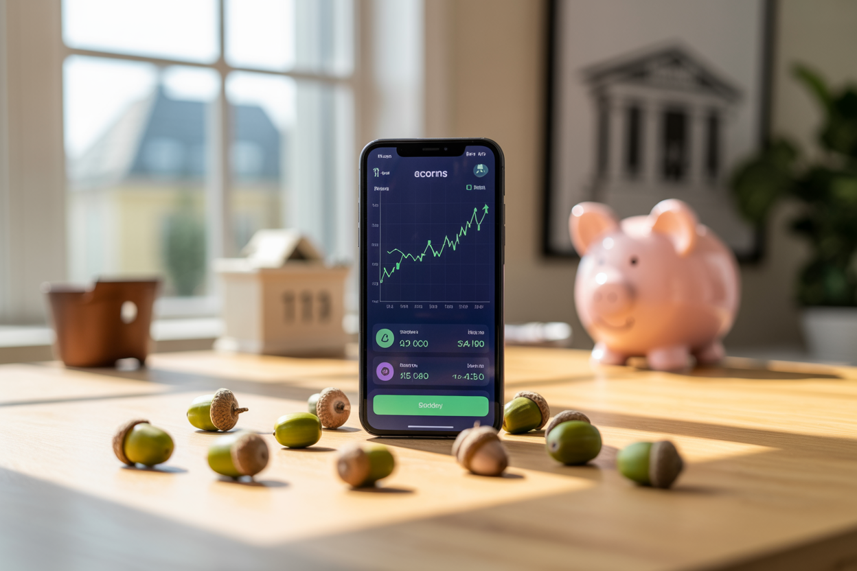 Create a realistic image of a modern smartphone displaying the Acorns app interface with vibrant green upward trending investment charts and graphs, surrounded by scattered real acorns on a clean white wooden desk surface, with soft natural lighting from a nearby window creating gentle shadows, and a subtle background showing a blurred piggy bank and traditional bank building to symbolize the comparison between modern investing and traditional savings, absolutely NO text should be in the scene.