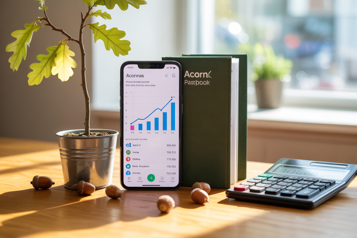 Create a realistic image of a modern smartphone displaying the colorful Acorns app interface with investment growth charts showing upward trends, placed next to a traditional bank passbook and calculator on a clean wooden desk, with scattered acorns and a small potted oak sapling in the background, soft natural lighting from a window creating a warm and optimistic atmosphere that conveys financial growth and smart investing choices, absolutely NO text should be in the scene.