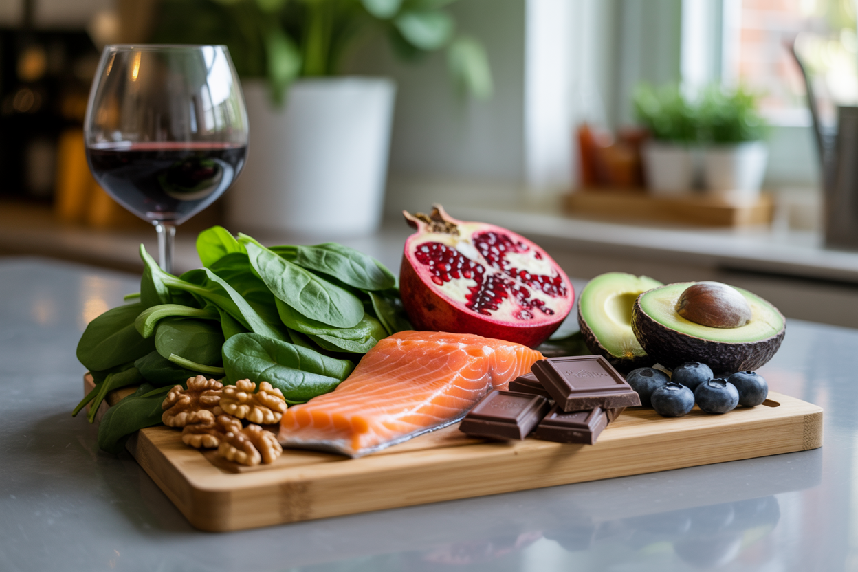 Create a realistic image of fresh heart-healthy foods arranged on a wooden cutting board including salmon fillet, dark leafy greens like spinach, walnuts, pomegranate seeds, dark chocolate pieces, avocado slices, and blueberries, with a glass of red wine nearby, all positioned on a clean kitchen counter with soft natural lighting from a window, creating a warm and inviting atmosphere that emphasizes nutrition and wellness, absolutely NO text should be in the scene.