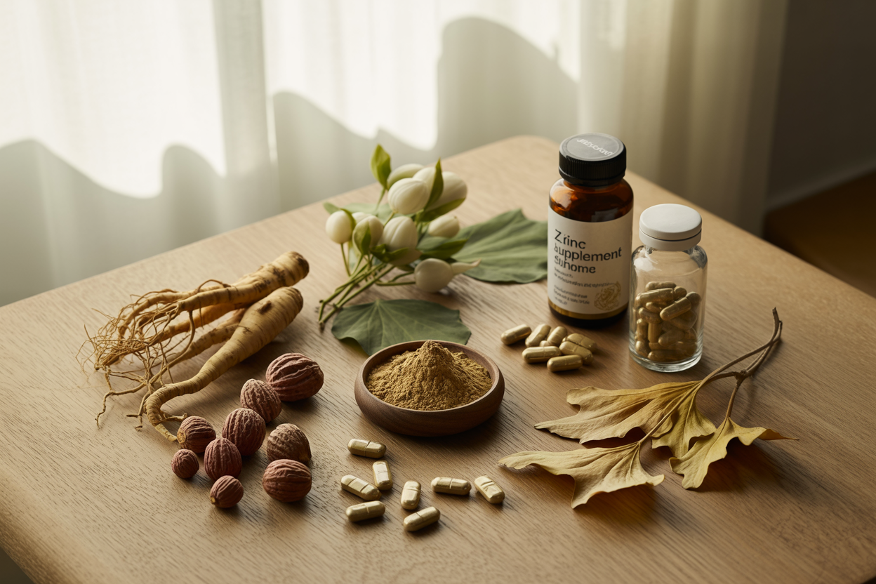 Create a realistic image of various natural supplements and herbs arranged on a clean wooden surface, including ginseng root, saw palmetto berries, horny goat weed leaves, maca powder in a small bowl, zinc supplement capsules in a glass bottle, L-arginine tablets, dried ginkgo biloba leaves, and watermelon seeds, with soft natural lighting from a window casting gentle shadows, creating a calm and therapeutic mood that emphasizes natural health and wellness, absolutely NO text should be in the scene.