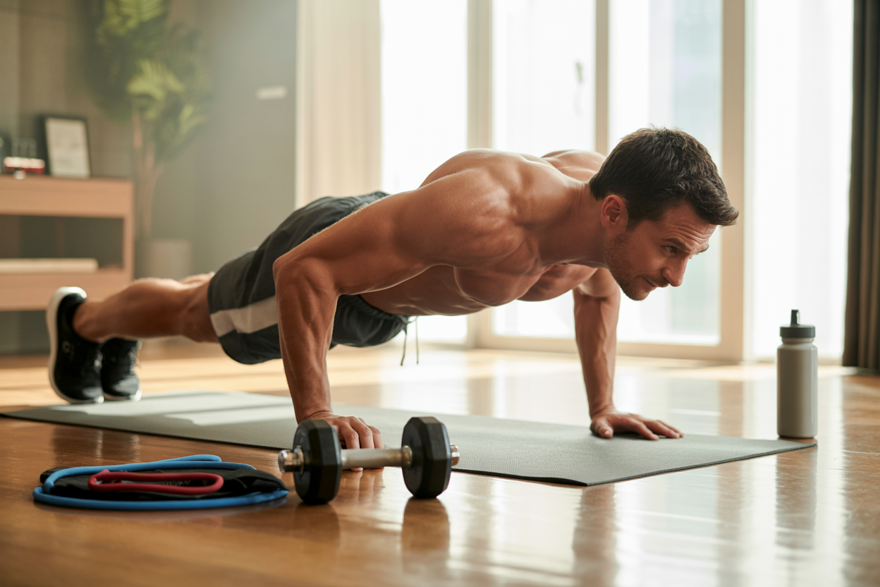 Create a realistic image of a fit white male in his 30s performing bodyweight exercises in a modern home gym setting, showing him doing push-ups on a yoga mat with dumbbells, resistance bands, and a water bottle nearby, natural lighting streaming through a window creating an energetic and healthy atmosphere, wooden floors and minimalist decor in the background, the man wearing athletic shorts and a tank top with a focused and determined expression, absolutely NO text should be in the scene.