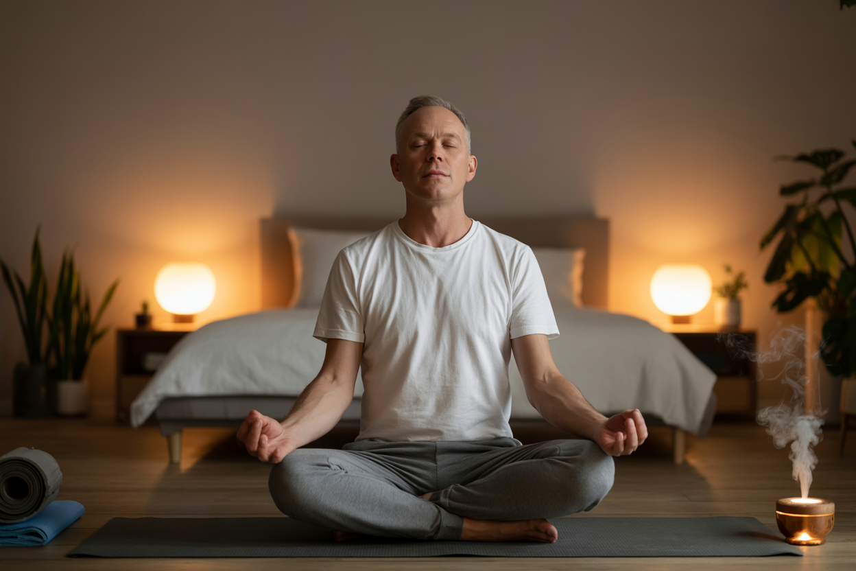 Create a realistic image of a peaceful meditation scene with a middle-aged white male sitting cross-legged in a comfortable bedroom setting, eyes closed in a relaxed meditative pose, soft warm lighting from bedside lamps creating a calming atmosphere, minimalist bedroom with neutral colors in the background, perhaps some subtle elements like a yoga mat, essential oil diffuser with gentle steam, and houseplants to emphasize wellness and stress relief, overall mood should be serene and tranquil suggesting mental wellness and relaxation techniques, absolutely NO text should be in the scene.