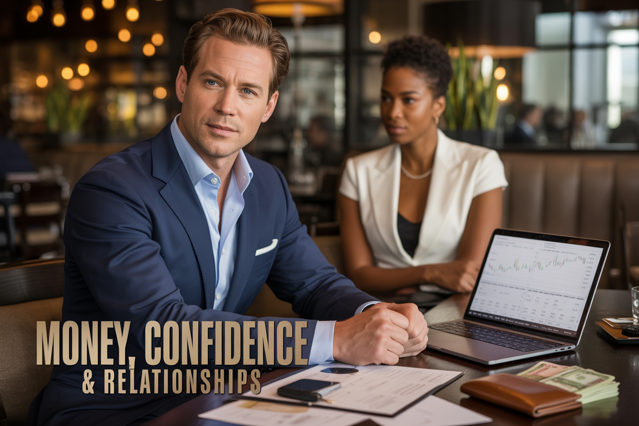 Create a realistic image of a confident white male in his 30s wearing a tailored navy business suit, sitting at a modern wooden desk with financial documents, a laptop displaying investment charts, and a leather wallet with cash visible, while a stylishly dressed black female sits across from him in an upscale restaurant or office setting with warm ambient lighting, with the text "Money, Confidence & Relationships" elegantly overlaid in gold lettering at the bottom of the image.