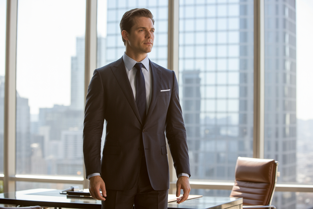 Create a realistic image of a confident white male in his 30s wearing a well-tailored dark business suit, standing in an upscale modern office with floor-to-ceiling windows overlooking a city skyline, natural daylight streaming in, the man has good posture with hands confidently at his sides, subtle luxury elements like a sleek desk and leather chair visible in the background, the overall mood conveys success and self-assurance, absolutely NO text should be in the scene.