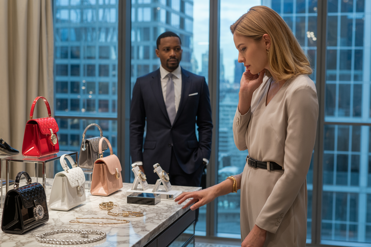 Create a realistic image of a well-dressed white woman in her late twenties examining luxury items including designer handbags, jewelry, and expensive watches displayed on a marble counter in an upscale boutique, with soft ambient lighting creating an atmosphere of sophistication and wealth, while a black male financial advisor in a tailored suit observes from the background near floor-to-ceiling windows overlooking a city skyline, capturing the intersection of financial decisions and status symbols. Absolutely NO text should be in the scene.