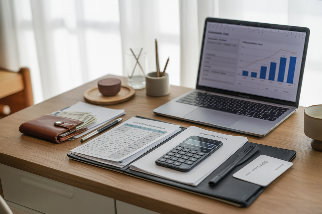 Create a realistic image of a well-organized modern workspace featuring financial planning materials including budget spreadsheets, calculator, smartphone with banking app, leather wallet with credit cards and cash, investment documents, and a sleek laptop displaying financial charts, all arranged on a clean wooden desk with soft natural lighting from a window, complemented by a coffee cup and minimalist desk accessories, conveying professionalism and financial literacy. Absolutely NO text should be in the scene.