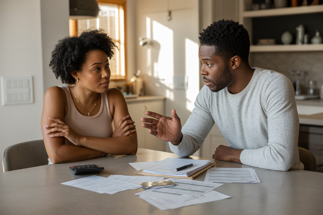 Create a realistic image of a white male and black female couple sitting at a modern kitchen table having a serious conversation, with financial documents, calculator, and budget sheets spread between them, the man gesturing toward the papers while the woman listens thoughtfully with her arms crossed, warm natural lighting from a nearby window creating a focused yet tense atmosphere, clean contemporary home interior in the background, absolutely NO text should be in the scene.