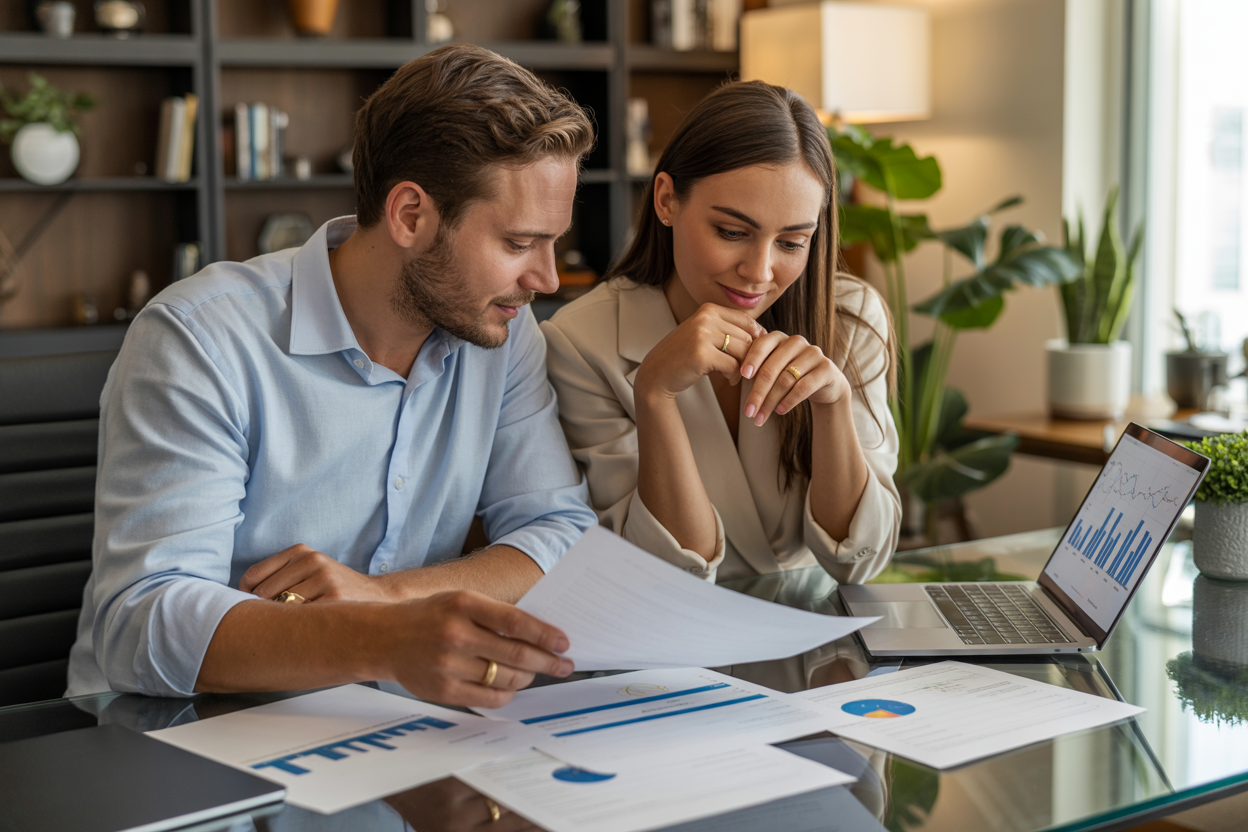 Create a realistic image of a modern white male and white female couple in their 30s sitting together at a sleek home office desk, reviewing financial documents and investment portfolios spread across the table, with a laptop displaying charts and graphs, gold wedding rings visible on their hands, warm natural lighting from a nearby window, potted plants and bookshelves in the background creating a sophisticated home environment, both looking focused and collaborative as they plan their financial future together, absolutely NO text should be in the scene.