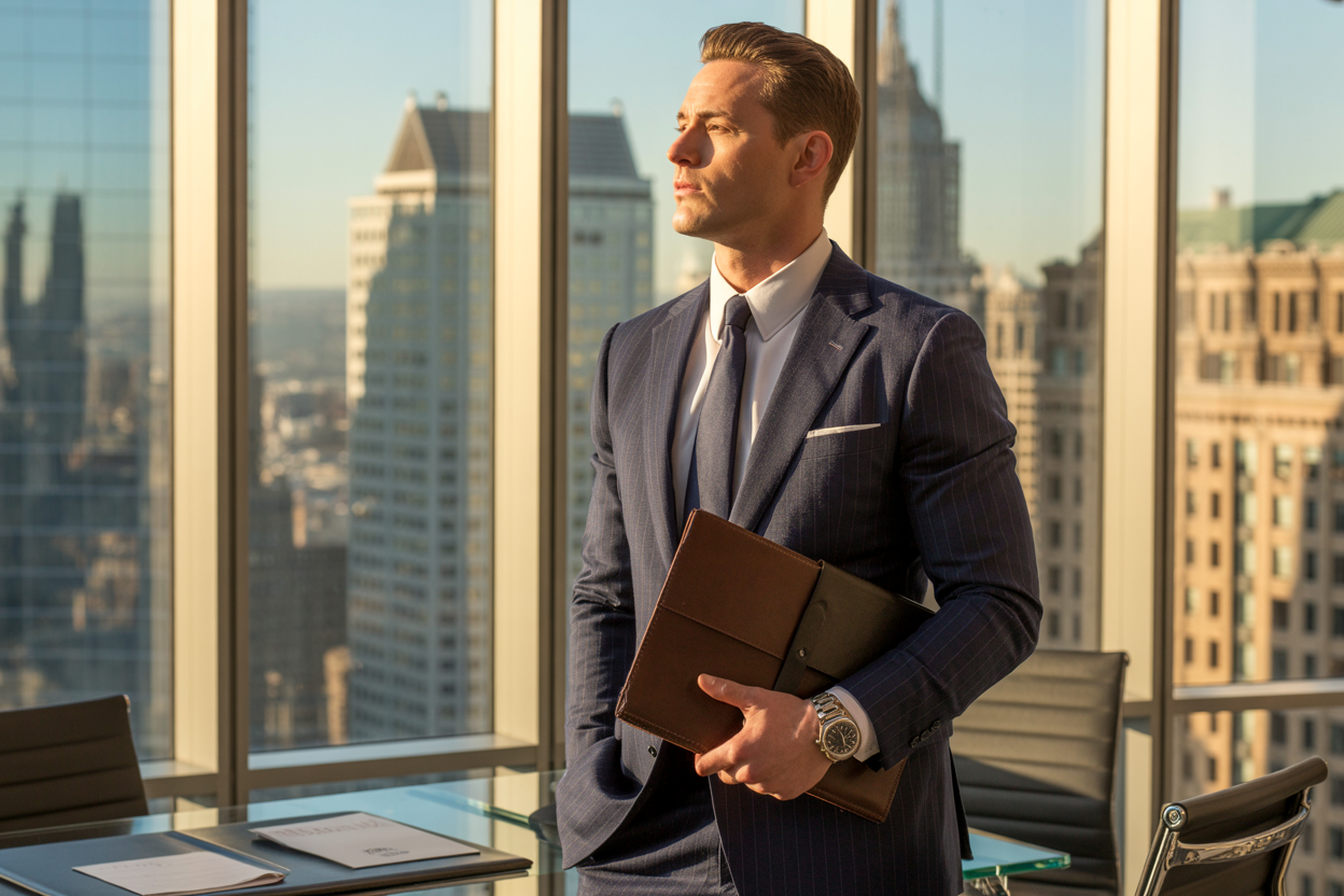 Create a realistic image of a confident white male in his 30s wearing a tailored navy business suit, standing in a modern upscale office environment with floor-to-ceiling windows showing a city skyline, holding a leather portfolio while looking thoughtfully toward the horizon, with subtle elements of success visible like a sleek desk with financial documents and a premium watch on his wrist, warm golden hour lighting streaming through the windows creating an aspirational and accomplished atmosphere, absolutely NO text should be in the scene.