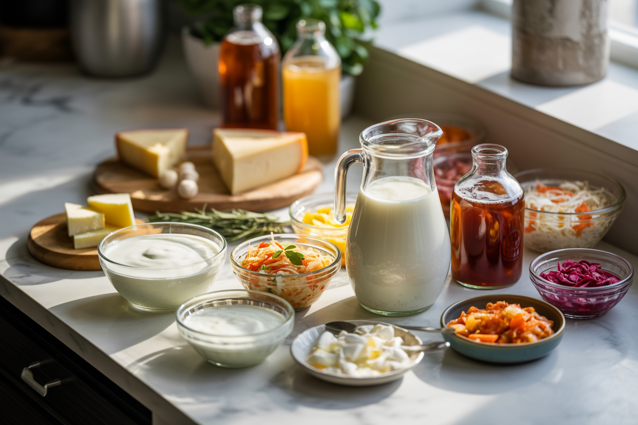 Create a realistic image of an abundant spread of probiotic-rich foods artfully arranged on a clean white marble countertop, featuring yogurt in glass bowls, colorful fermented vegetables like sauerkraut and kimchi in small dishes, kefir in a glass pitcher, kombucha bottles with visible fermentation bubbles, aged cheeses on a wooden board, and fresh herbs scattered around, with soft natural lighting from a nearby window creating gentle shadows and highlighting the vibrant colors and textures of the fermented foods, shot from a slight overhead angle to showcase the variety and abundance of gut-healthy options, absolutely NO text should be in the scene.