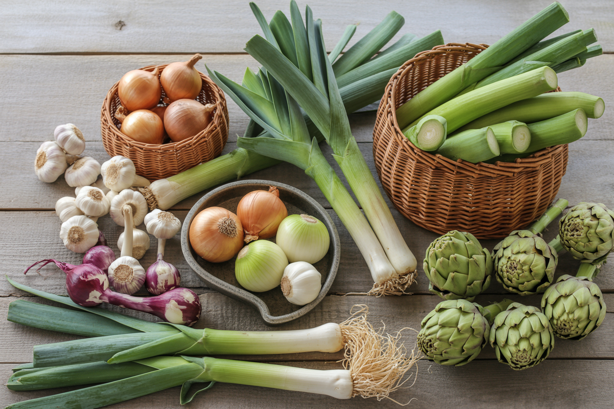 Create a realistic image of a vibrant assortment of prebiotic-rich foods arranged on a rustic wooden table, featuring garlic cloves, onions, leeks, asparagus spears, green bananas, artichokes, and chicory root, with some items in wicker baskets and others scattered naturally across the surface, photographed in soft natural lighting from above with a clean, bright background that emphasizes the fresh, organic nature of the ingredients, absolutely NO text should be in the scene.