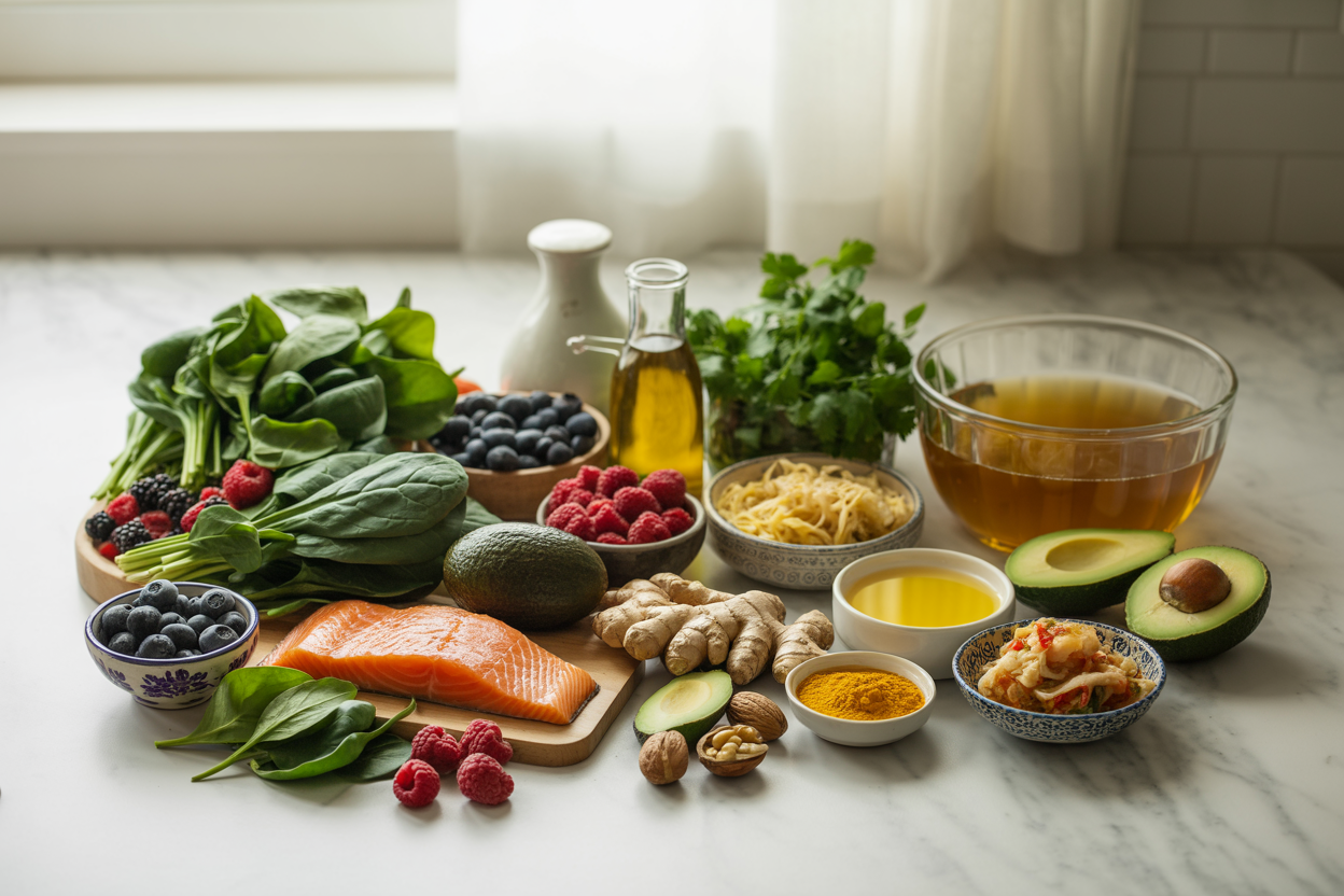 Create a realistic image of a beautifully arranged collection of anti-inflammatory foods known for healing gut lining, including fresh leafy greens like spinach and kale, colorful berries such as blueberries and raspberries, fatty fish like salmon, golden turmeric root with powder, fresh ginger, bone broth in a clear glass bowl, fermented foods like sauerkraut and kimchi in small dishes, avocado halves, walnuts, olive oil in a small bottle, and fresh herbs like parsley and cilantro, all artfully displayed on a clean white marble countertop with natural soft lighting from a nearby window creating gentle shadows, emphasizing the vibrant natural colors and textures of these gut-healing ingredients, absolutely NO text should be in the scene.