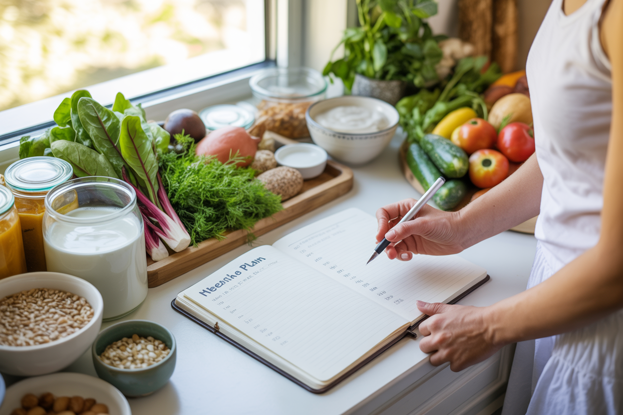 Create a realistic image of a clean, organized kitchen counter with a open meal planning notebook, fresh colorful vegetables like leafy greens, fermented foods in glass jars, yogurt, kefir, whole grains in bowls, and a variety of fiber-rich foods artfully arranged around the planning materials, with natural daylight streaming through a window creating a bright, healthy atmosphere, and a white female nutritionist's hands visible writing in the meal plan notebook, absolutely NO text should be in the scene.
