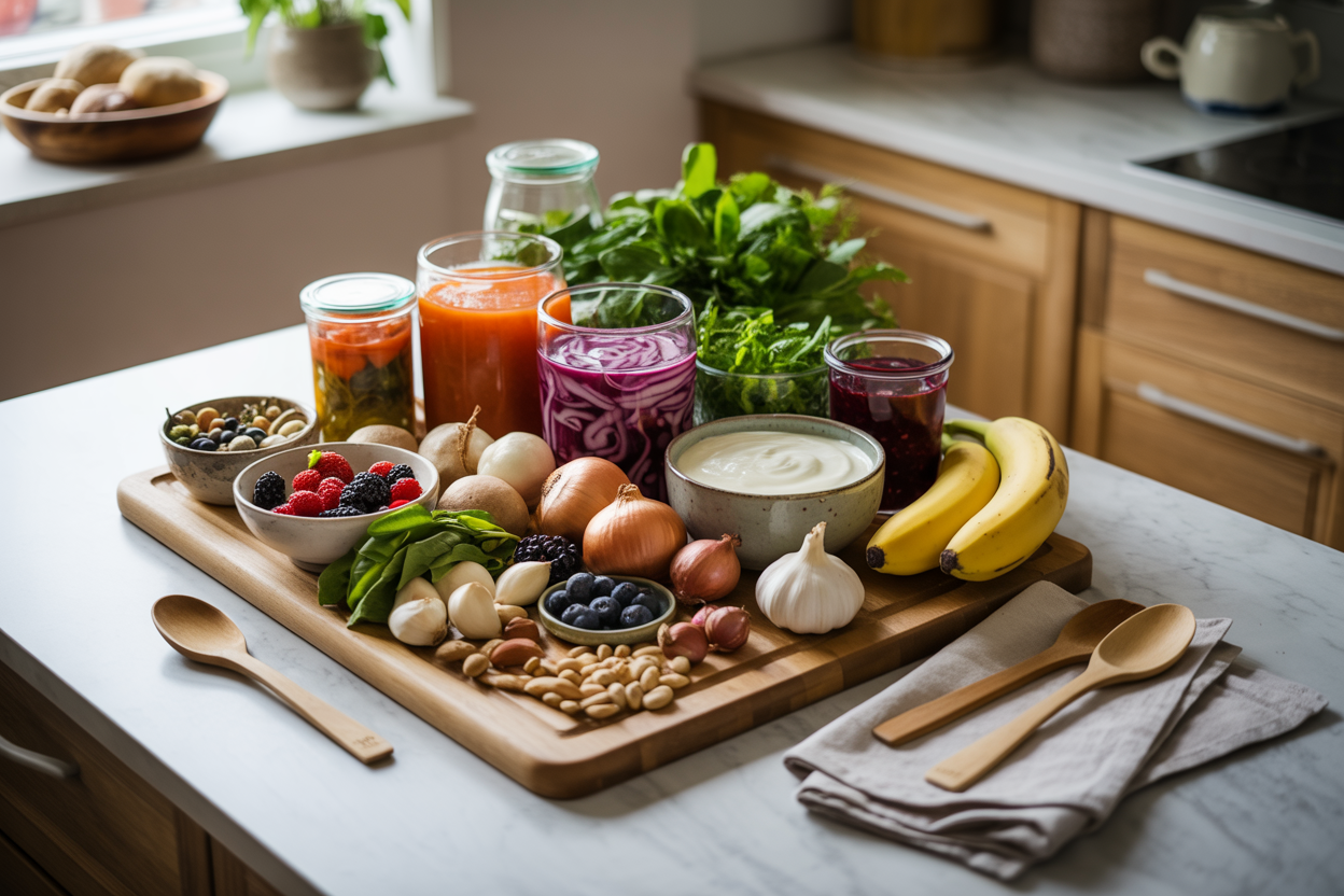 Create a realistic image of a beautifully arranged wooden cutting board featuring an abundance of microbiome-healing foods including colorful fermented vegetables in glass jars, fresh leafy greens, yogurt in a ceramic bowl, bananas, garlic cloves, onions, berries, nuts, and seeds, all artfully displayed on a clean marble kitchen countertop with soft natural lighting from a nearby window creating gentle shadows, surrounded by complementary elements like wooden spoons and linen napkins in earth tones, conveying a sense of health, wellness, and nutritious abundance. Absolutely NO text should be in the scene.