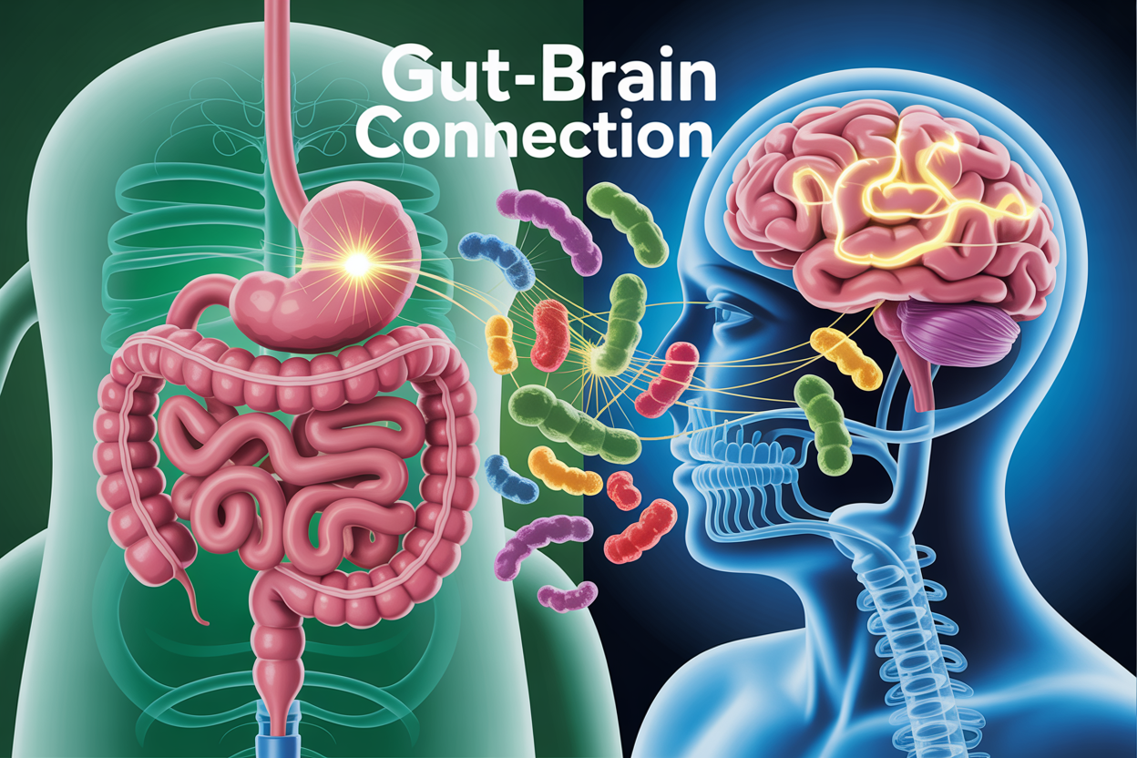 Create a realistic image of a split-screen composition showing a detailed cross-section of the human digestive system with glowing neural pathways on the left side connecting to a transparent brain with highlighted neural networks on the right side, featuring vibrant probiotic bacteria illustrated as colorful, beneficial microorganisms floating between the gut and brain sections, set against a clean medical background with soft blue and green lighting to convey health and wellness, including the text "Gut-Brain Connection" prominently displayed in modern, clean typography at the top of the image.
