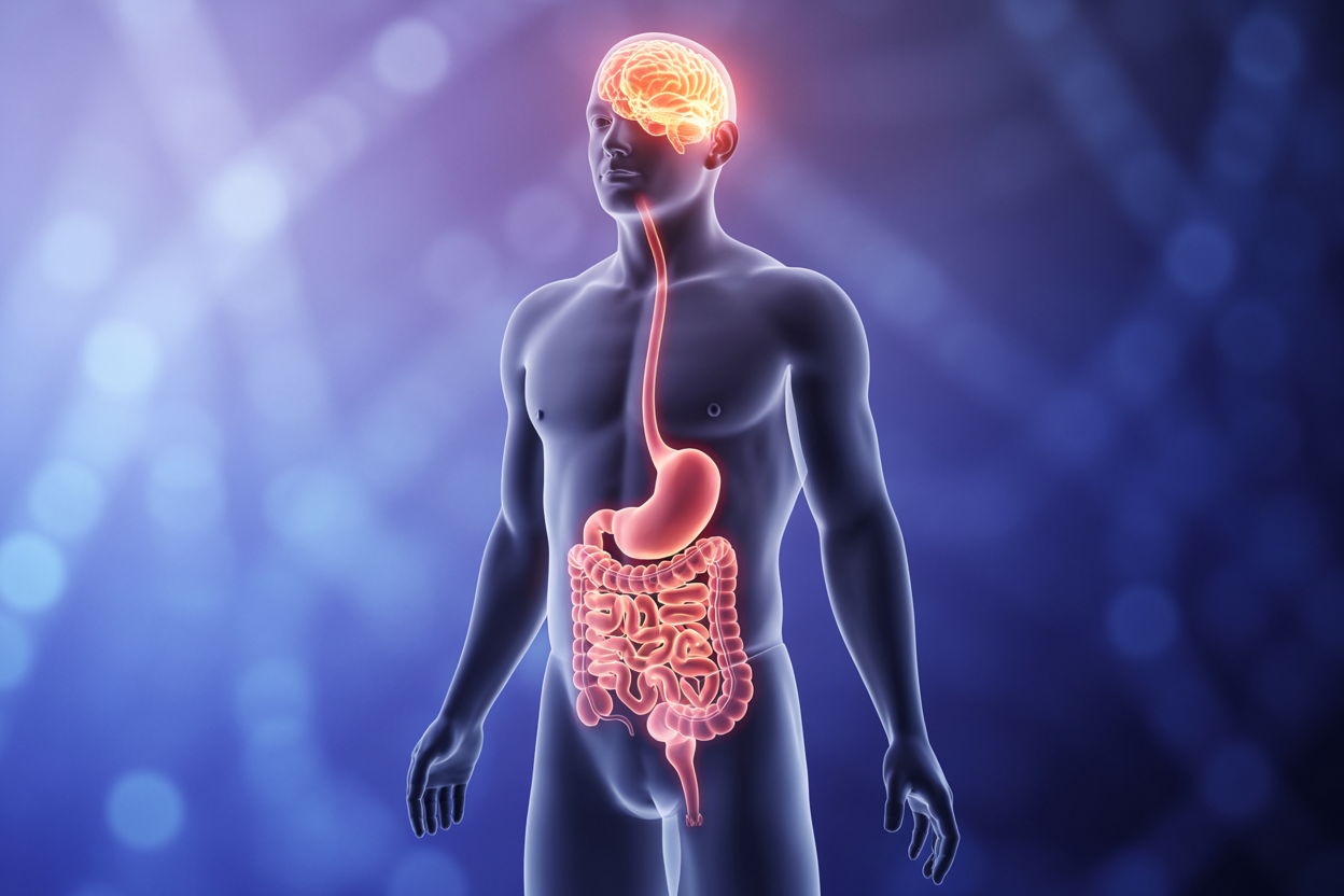 Create a realistic image of a transparent human silhouette showing the digestive system with glowing neural pathways connecting the stomach and intestines to a illuminated brain, set against a soft blue-purple gradient background with subtle bokeh lighting effects, featuring flowing light connections that pulse gently between the gut and brain regions, with a calm and scientific mood that emphasizes the biological connection, absolutely NO text should be in the scene.