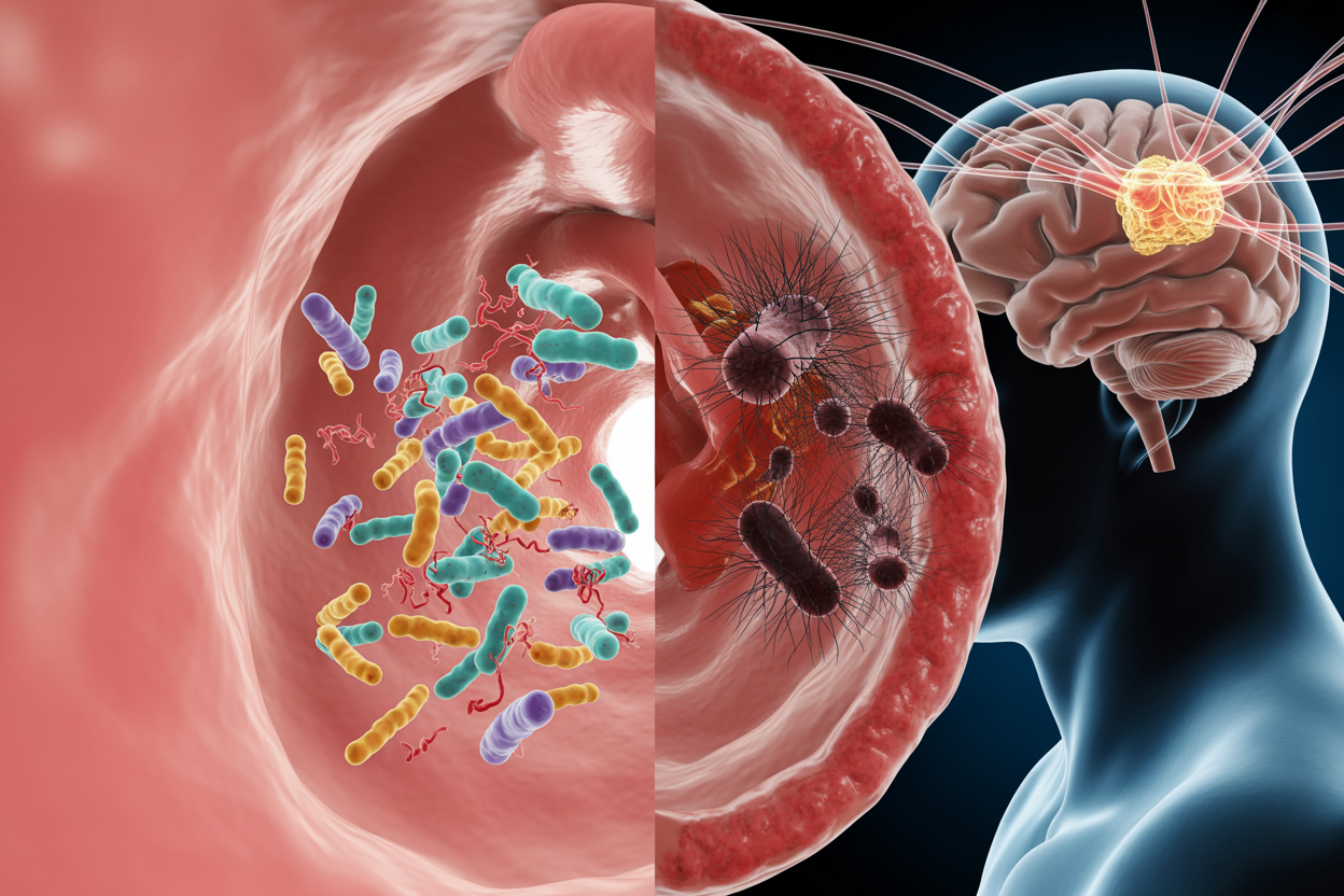 Create a realistic image of a split-screen composition showing healthy gut bacteria on one side depicted as vibrant, colorful, beneficial microorganisms in a pink intestinal environment, and unhealthy bacteria on the other side shown as darker, harmful-looking microorganisms in an inflamed reddish gut lining, with a subtle brain silhouette in the background connected by glowing neural pathways to illustrate the gut-brain connection, soft medical lighting, clean scientific aesthetic, absolutely NO text should be in the scene.