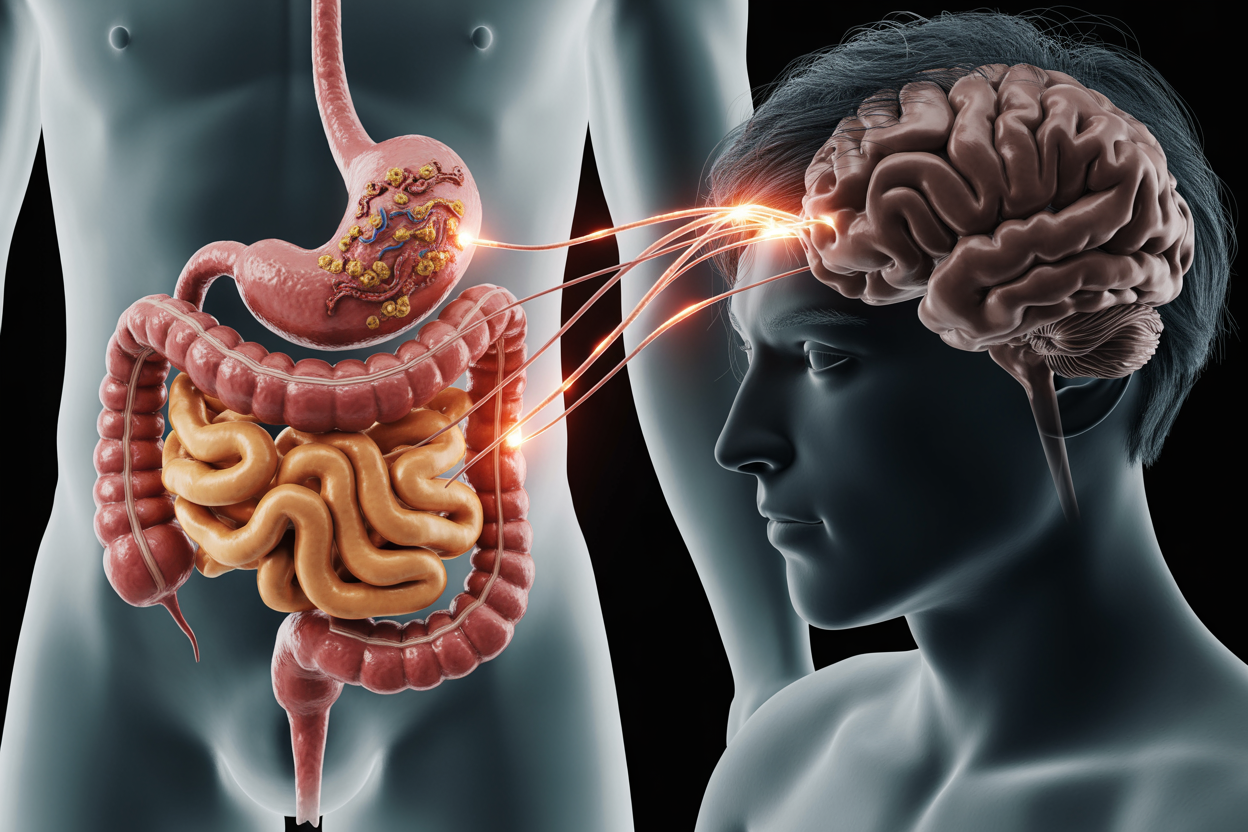 Create a realistic image of a split-screen composition showing a detailed cross-section of an unhealthy human gut on the left side with inflamed intestinal walls, harmful bacteria, and a reddish irritated appearance, connected by glowing neural pathways to a dulled human brain on the right side with darkened areas representing impaired cognitive function, set against a dark medical background with soft dramatic lighting highlighting the connection between the two organs, featuring a color palette of muted grays, dark reds, and dim blues to convey the negative impact, absolutely NO text should be in the scene.