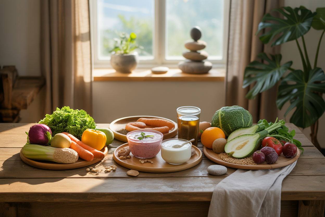 Create a realistic image of a serene wellness scene showing healthy gut-supporting foods like colorful fresh vegetables, fruits, yogurt, and fermented foods artfully arranged on a wooden table, with soft natural lighting filtering through a window, complemented by subtle elements suggesting mental wellness such as a peaceful plant, meditation stones, and a warm, calming atmosphere with earth tones and gentle shadows, Absolutely NO text should be in the scene.