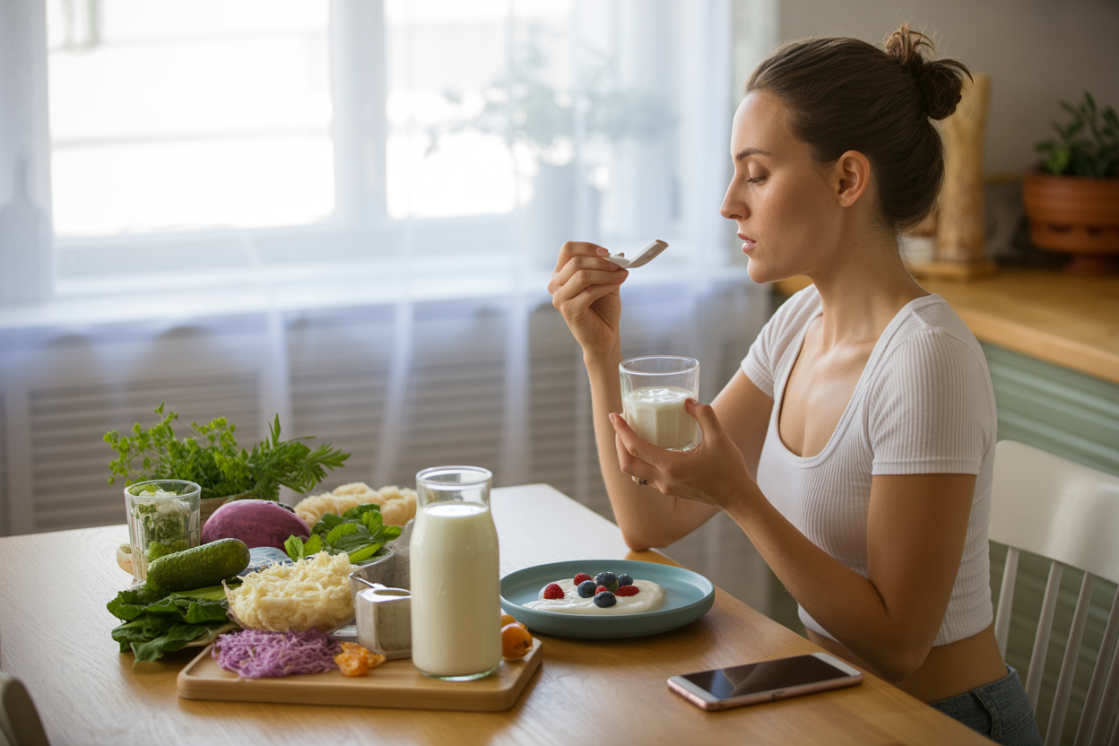 Create a realistic image of a peaceful morning scene showing a white female in her 30s sitting at a wooden kitchen table, engaging in gut-healthy daily habits including drinking a glass of kefir, eating yogurt with berries, and taking probiotic supplements, with fresh vegetables, fermented foods like sauerkraut, and a meditation app on her phone visible on the table, soft natural lighting streaming through a window, creating a calm and wellness-focused atmosphere that represents the connection between daily habits and gut-brain health, absolutely NO text should be in the scene.