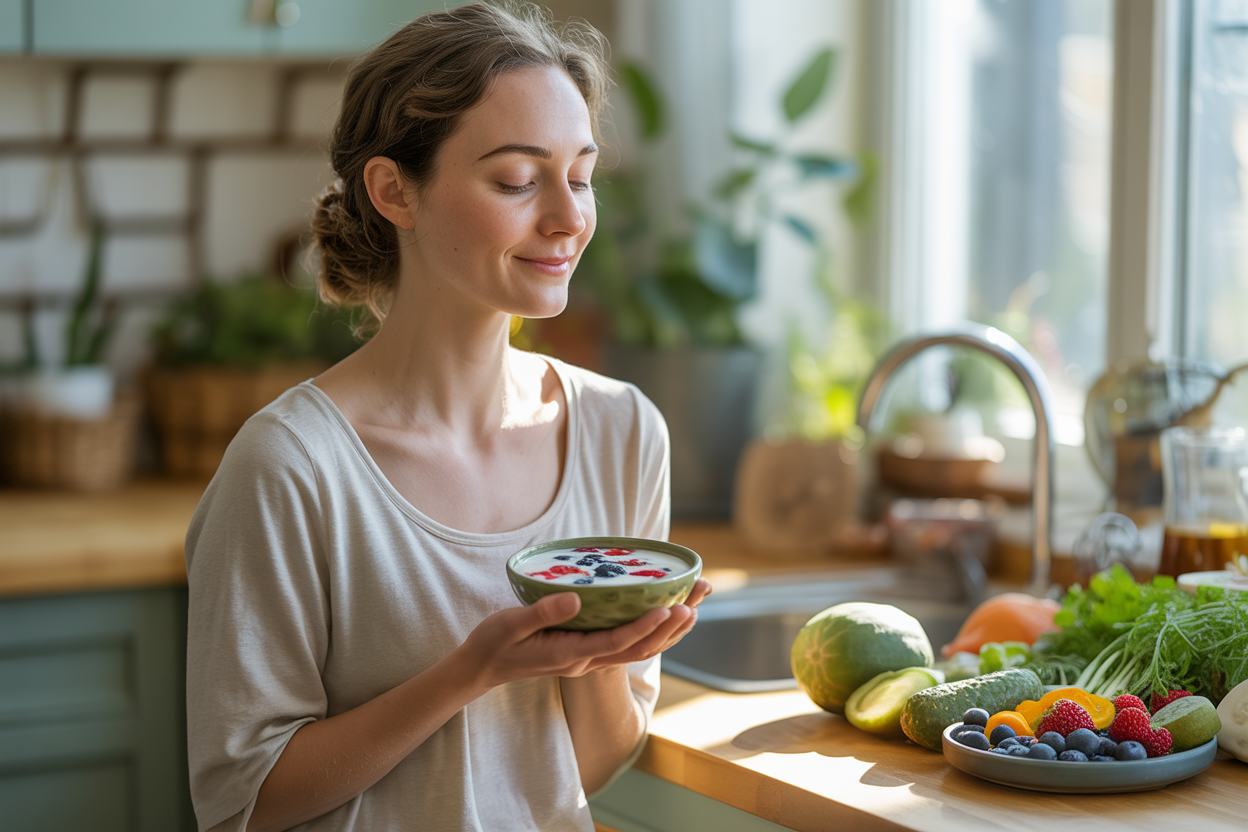 Create a realistic image of a serene white female in her 30s sitting peacefully in a bright, naturally lit kitchen, holding a colorful bowl of fermented foods like yogurt with fresh berries, with her eyes closed and a gentle smile showing inner calm and wellness, surrounded by gut-healthy foods including leafy greens, colorful vegetables, and probiotic-rich items arranged on a clean wooden counter, with soft natural sunlight streaming through a window creating a warm, hopeful atmosphere that conveys the transformative connection between digestive health and mental well-being, featuring a background of plants and natural elements that emphasize holistic health and balance, absolutely NO text should be in the scene.