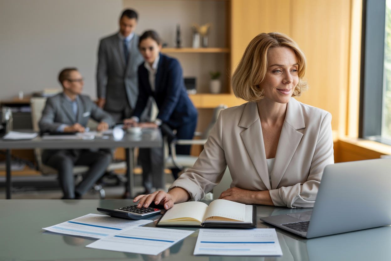 Create a realistic image of a confident middle-aged white female sitting at a clean modern desk with a laptop open, calculator, and credit report documents spread out, while in the background there's a blurred expensive office setting with suited professionals representing costly credit repair services, warm natural lighting from a window illuminates the woman's workspace suggesting empowerment and self-reliance, the woman has a satisfied expression while reviewing her financial documents, the scene contrasts DIY approach in the foreground with expensive expert services in the background, absolutely NO text should be in the scene.