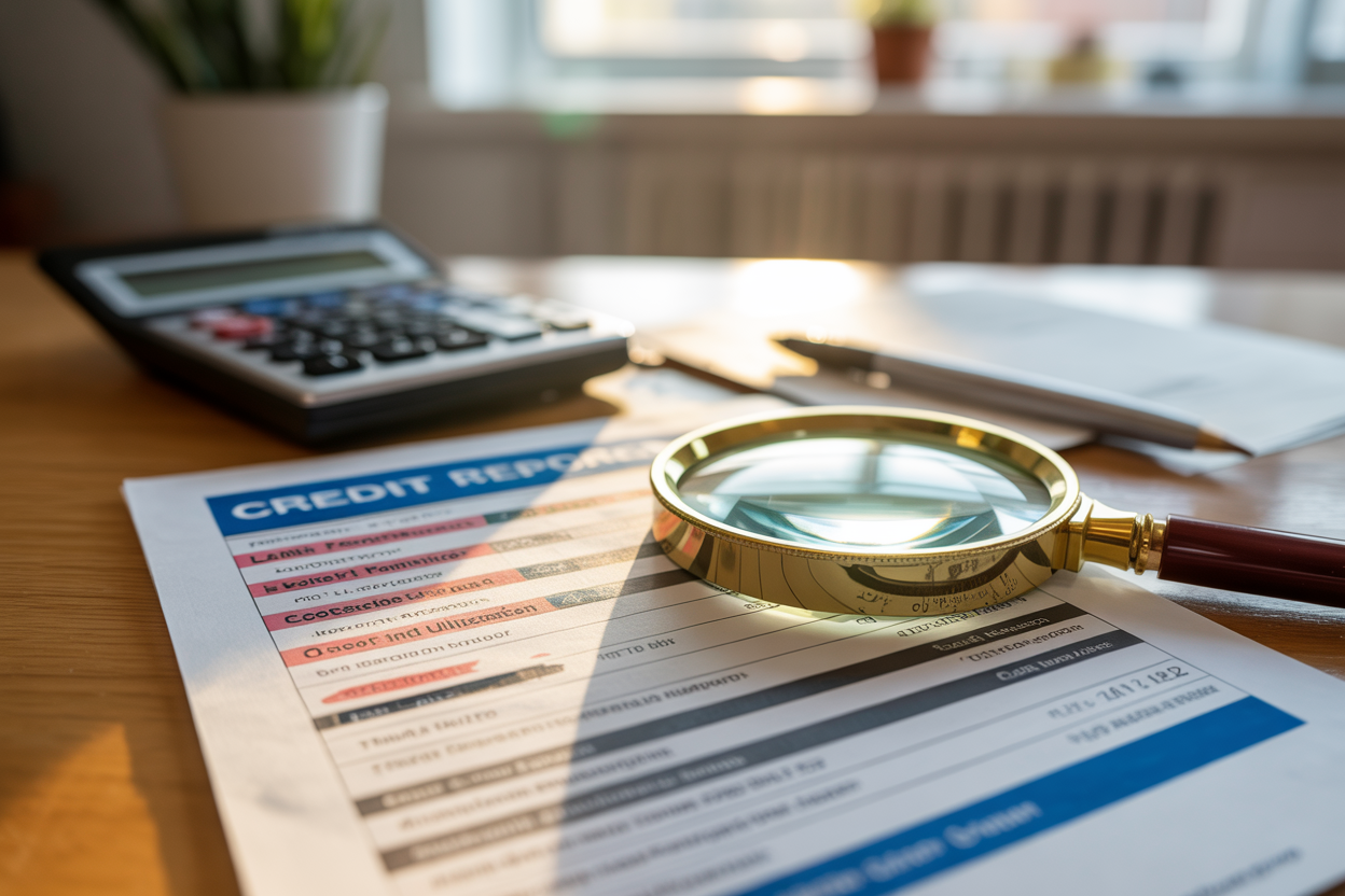 Create a realistic image of a close-up view of a credit report document with various negative items highlighted in red, including late payments, collections, and high credit utilization, alongside a magnifying glass examining the details, with a calculator and pen nearby on a clean wooden desk surface, soft natural lighting from a window, creating a focused analytical mood for someone reviewing their credit damage. Absolutely NO text should be in the scene.