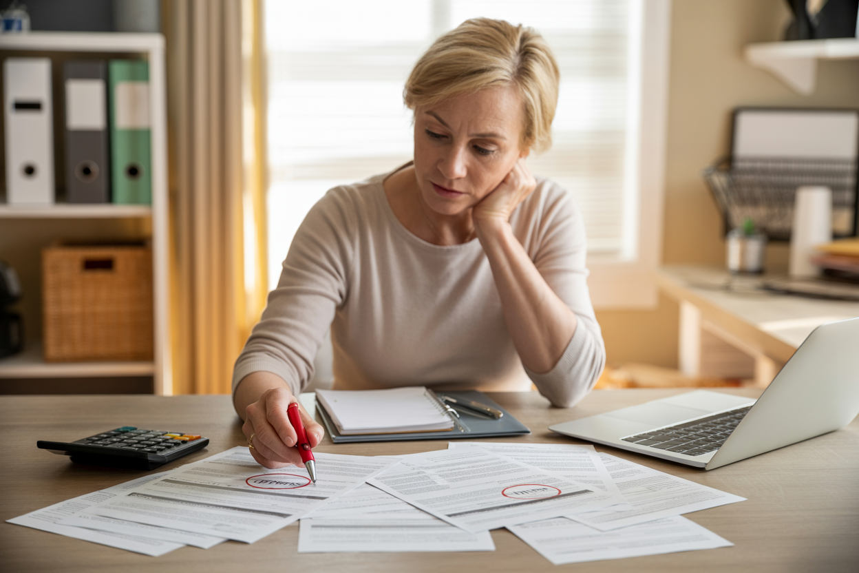 Create a realistic image of a focused middle-aged white female sitting at a clean wooden desk reviewing multiple credit report documents spread out in front of her, holding a red pen while circling errors on the papers, with a laptop computer open beside the documents, a calculator and notepad nearby, warm natural lighting from a window creating a professional home office atmosphere, shelves with organized binders in the background, conveying determination and self-empowerment in financial management, absolutely NO text should be in the scene.