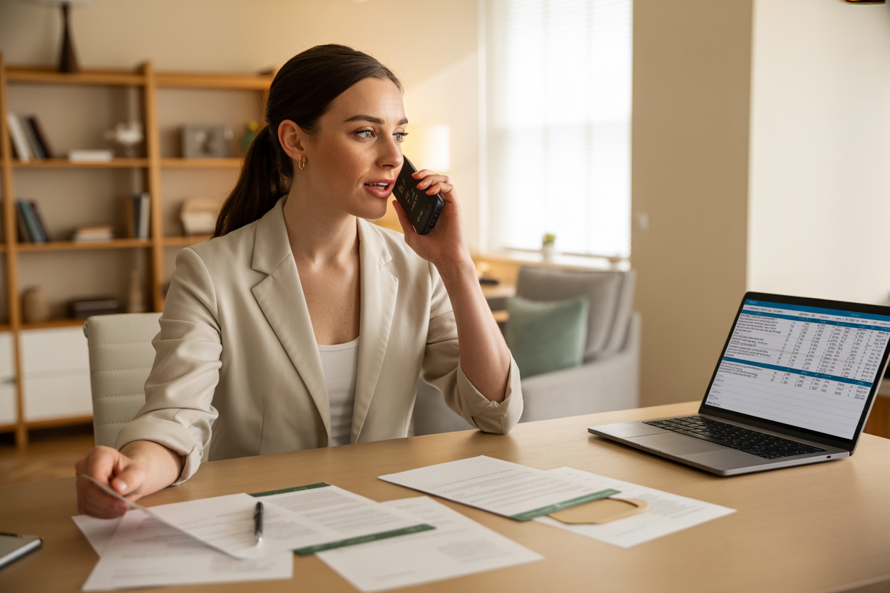 Create a realistic image of a professional white female in business casual attire sitting at a clean wooden desk, speaking on a black cordless phone with a confident expression, with financial documents and credit reports spread on the desk surface, a laptop computer open showing spreadsheet data, warm natural lighting from a nearby window, modern home office setting with neutral colored walls and organized bookshelves in the background, conveying a sense of empowerment and direct communication, absolutely NO text should be in the scene.