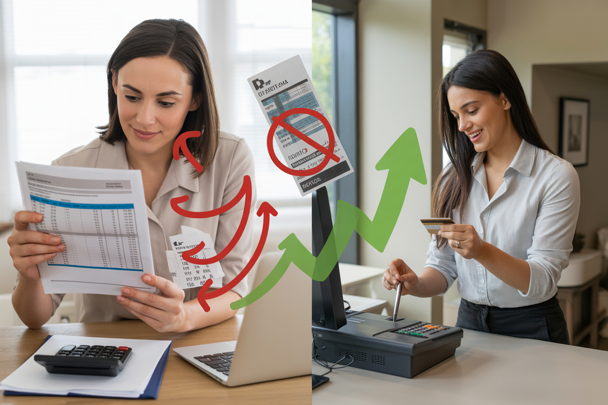 Create a realistic image of a split-screen composition showing credit repair and building: on the left side, a white female in her 30s at a desk reviewing credit reports and financial documents with a calculator and laptop, with red correction marks and arrows indicating improvements; on the right side, the same woman making a positive financial transaction at a modern bank counter or using a credit card for a purchase, with green upward trending arrows and positive symbols floating subtly in the background, soft natural lighting from a window, professional indoor setting with clean modern furniture, optimistic and determined mood, absolutely NO text should be in the scene.