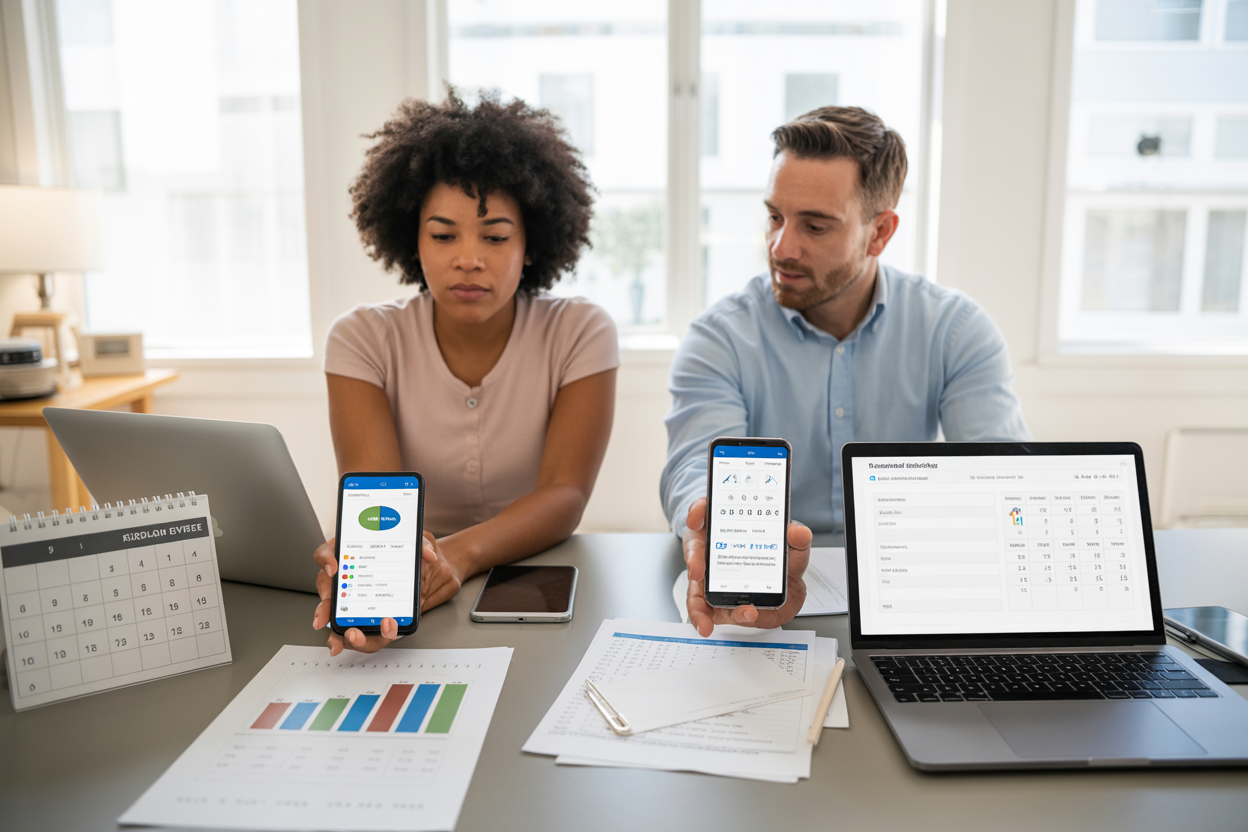 Create a realistic image of a diverse group showing a black female and white male sitting at a modern desk with laptops and smartphones displaying credit monitoring apps and financial dashboards, surrounded by organized documents, charts showing upward credit score trends, a calendar marked with regular review dates, and financial planning materials, in a bright, clean home office environment with natural lighting streaming through windows, conveying a sense of achievement and ongoing financial responsibility, absolutely NO text should be in the scene.