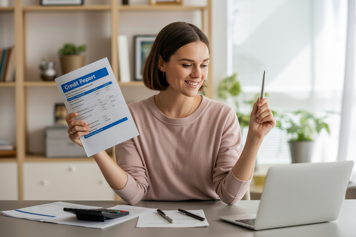 Create a realistic image of a confident white female sitting at a clean, modern desk with a laptop open, holding a credit report document in one hand and a pen in the other, with a satisfied smile on her face, surrounded by organized financial documents and a calculator, with a bright, well-lit home office background featuring bookshelves and a window with natural daylight streaming in, conveying a sense of accomplishment and financial empowerment, absolutely NO text should be in the scene.
