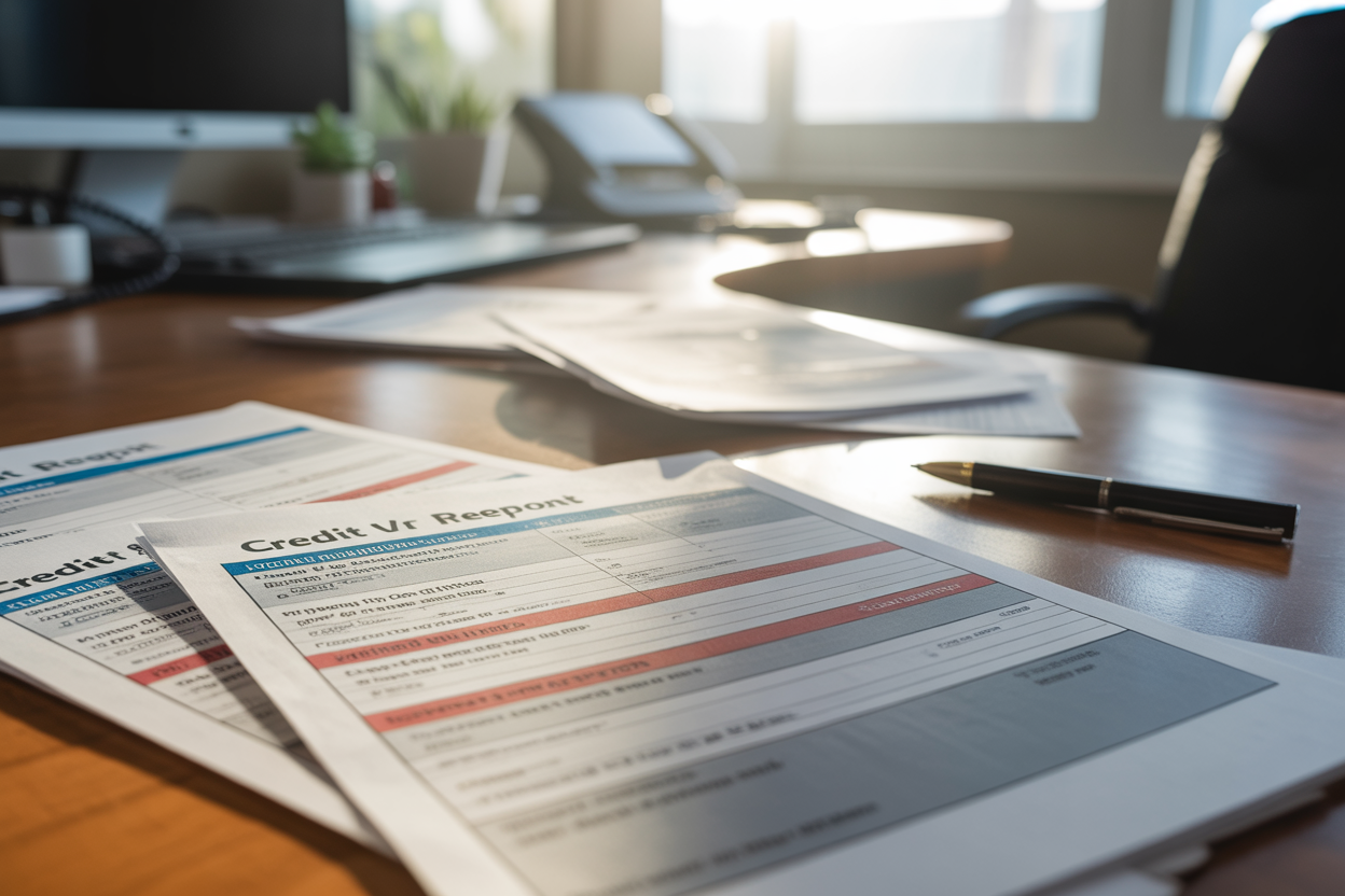 Create a realistic image of a close-up view of official credit report documents spread across a clean wooden desk surface, with some sections highlighted in red to indicate negative items like late payments and collections, a black pen lying nearby, soft natural lighting from a window creating gentle shadows, professional office environment in the background, calm and focused mood for financial review and analysis, absolutely NO text should be in the scene.