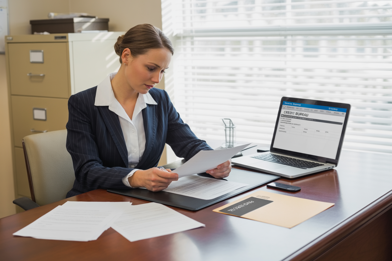 Create a realistic image of a professional office setting with a white female in business attire sitting at a clean wooden desk, reviewing credit reports and official documents spread across the surface, with a laptop computer open displaying credit bureau websites, official letterhead papers and dispute forms visible on the desk, a filing cabinet in the background, natural daylight streaming through a window creating a focused and determined atmosphere, absolutely NO text should be in the scene.