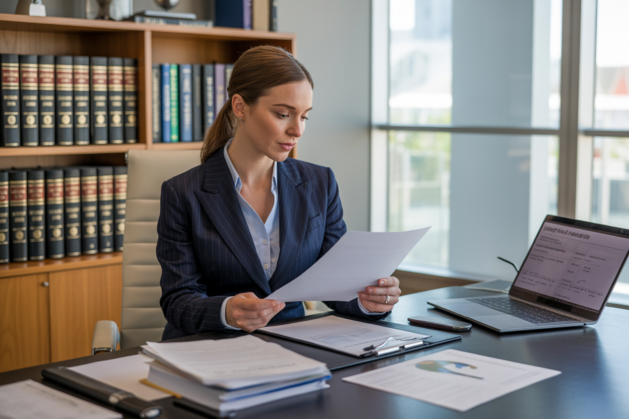 Create a realistic image of a professional white female attorney in a business suit sitting at a modern office desk reviewing legal documents and credit reports, with law books and consumer protection regulation binders visible on shelves behind her, a laptop computer open showing financial data, and official government documents spread across the desk, in a well-lit contemporary law office with natural lighting from large windows, conveying a sense of expertise and legal authority in financial matters, absolutely NO text should be in the scene.