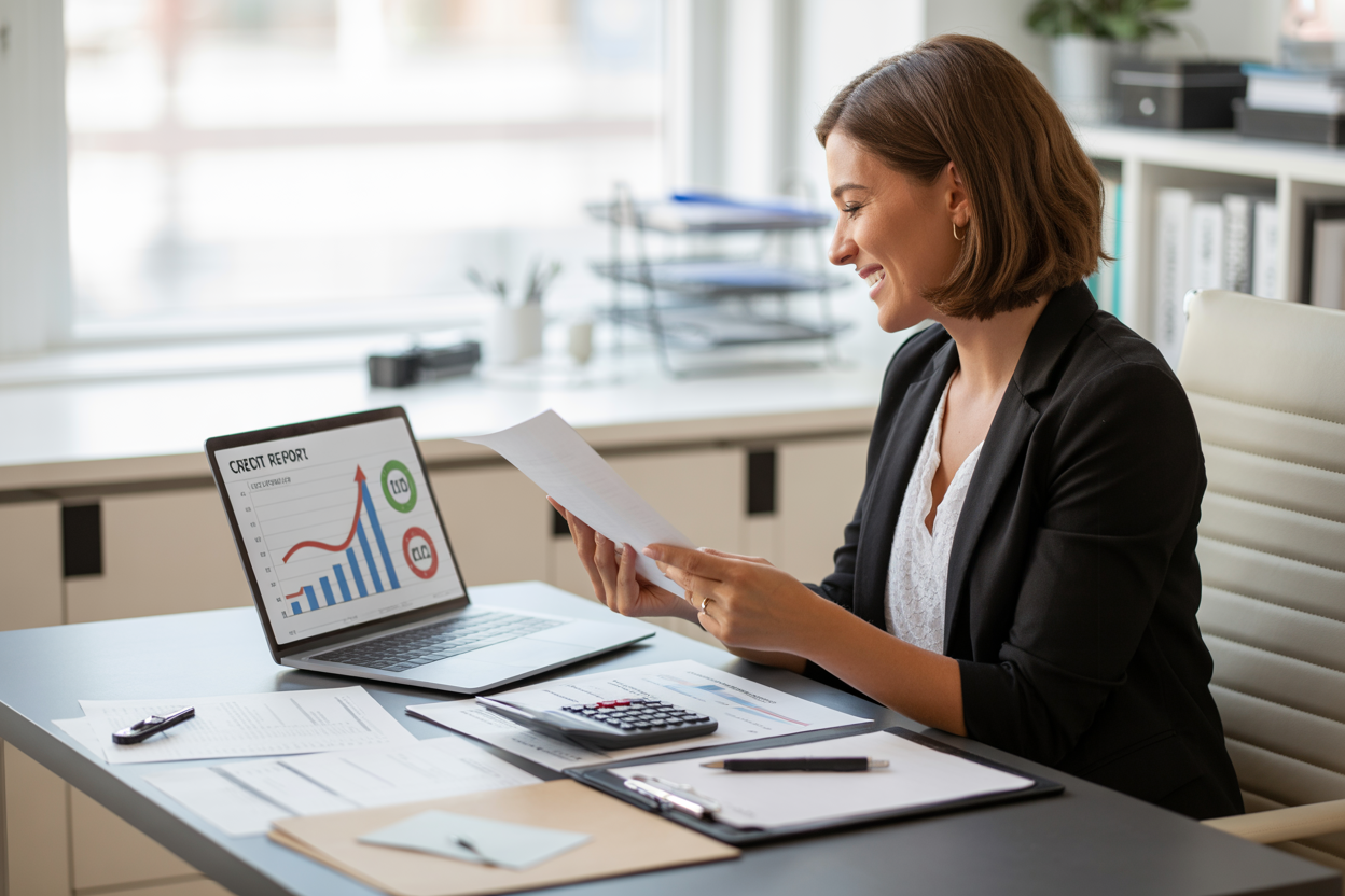 Create a realistic image of a professional white female financial advisor sitting at a modern desk with a laptop computer showing credit report charts with upward trending arrows, surrounded by organized paperwork and documents, a calculator, and a pen, with a bright, clean office environment in the background featuring soft natural lighting from a window, conveying a sense of success, accomplishment, and financial progress, with the woman displaying a confident and satisfied expression as she reviews positive credit improvement results, absolutely NO text should be in the scene.