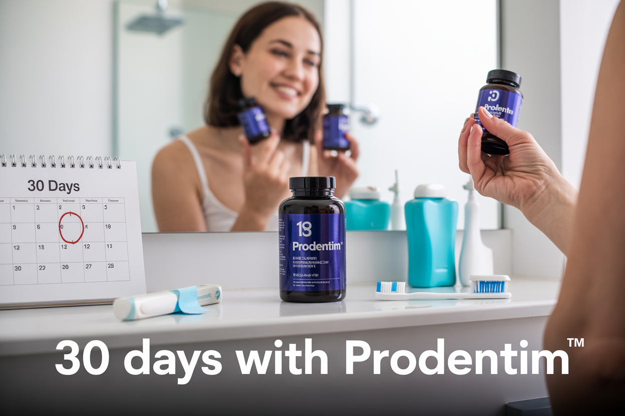 Create a realistic image of a clean, modern bathroom counter with a bottle of Prodentim supplement prominently displayed in the center, surrounded by dental care items like a toothbrush, toothpaste, and dental floss, with a calendar showing "30 Days" marked off in the background, featuring a smiling white female in her 30s holding the supplement bottle while looking in a bathroom mirror, with bright, clean lighting and the text "30 Days with Prodentim" overlaid in modern, clean font at the bottom of the image.