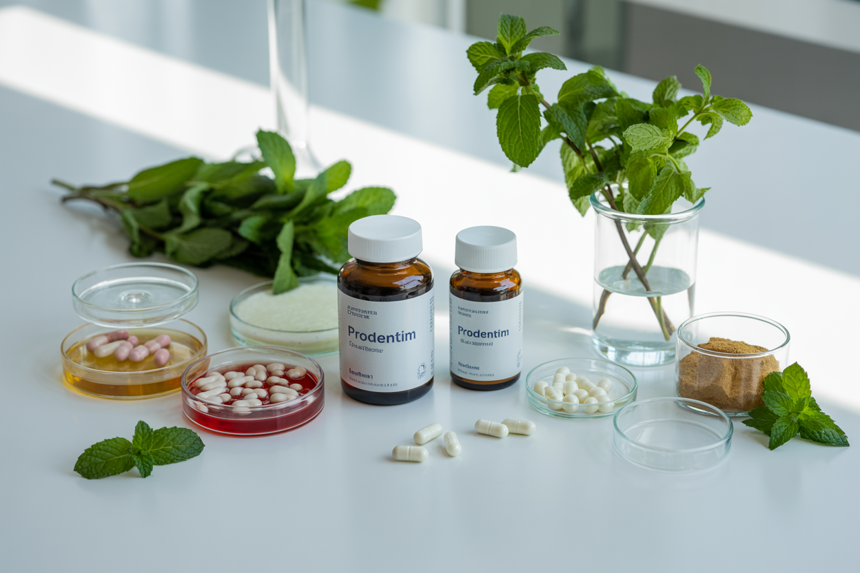 Create a realistic image of a modern scientific laboratory setting with ProDentim supplement bottles and capsules prominently displayed on a clean white laboratory counter, surrounded by fresh natural ingredients including lactobacillus bacteria cultures in petri dishes, fresh peppermint leaves, spearmint sprigs, malic acid crystals, and inulin powder in small glass containers, with soft natural lighting illuminating the scene from above, creating a professional and clinical atmosphere that emphasizes the scientific formulation of oral health supplements, absolutely NO text should be in the scene.