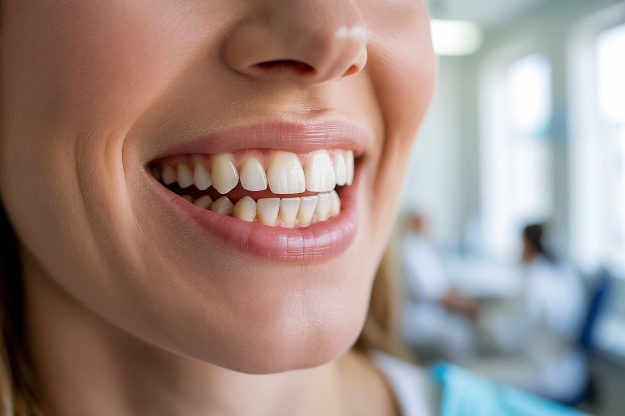 Create a realistic image of a close-up view of healthy, white teeth and pink gums in a smiling mouth, with a subtle before-and-after comparison showing improved dental health, surrounded by soft natural lighting that highlights the cleanliness and brightness of the teeth, with a clean medical or dental office background slightly blurred in the distance, conveying a sense of successful oral health transformation and improvement, absolutely NO text should be in the scene.