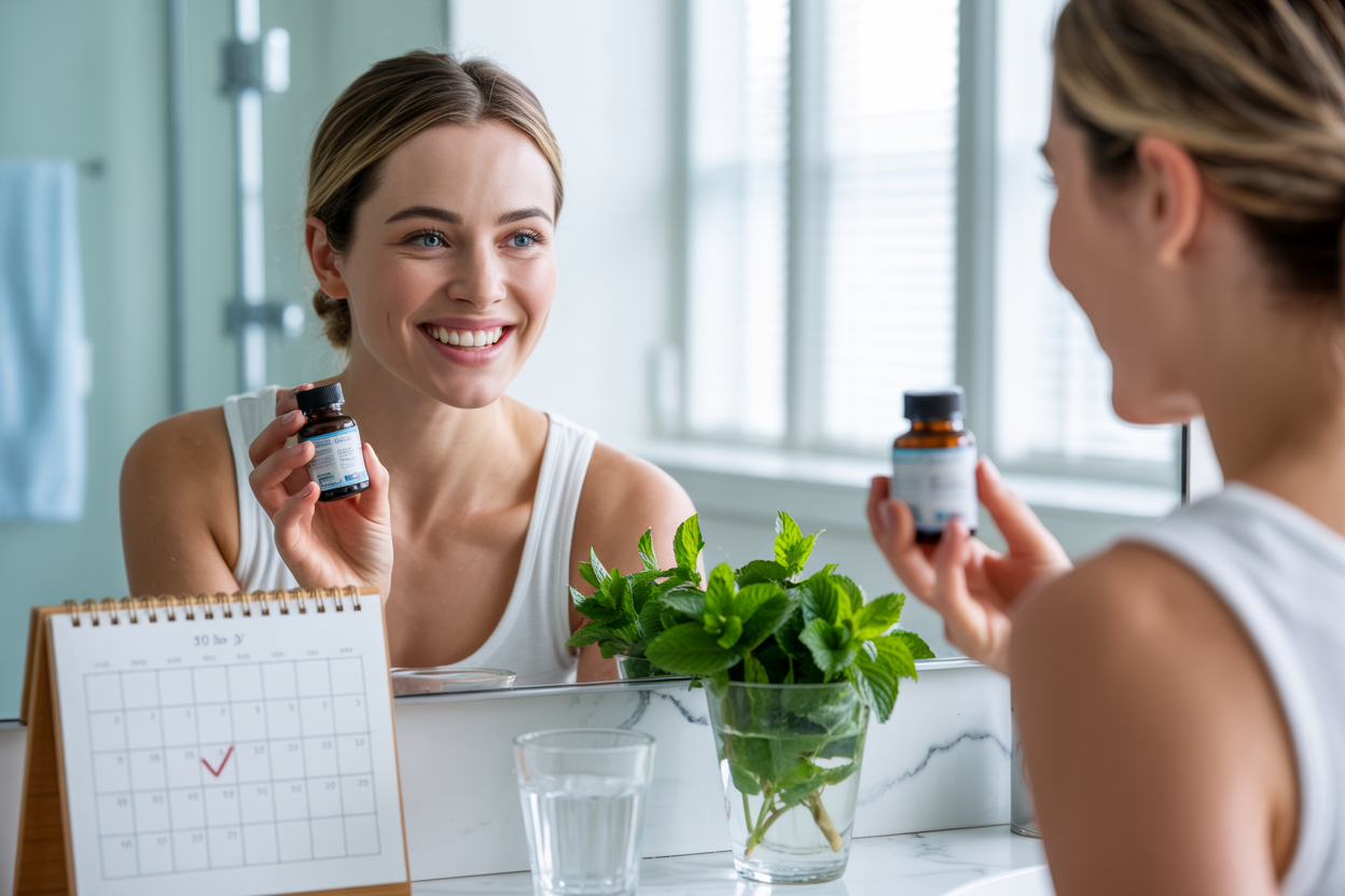 Create a realistic image of a white female in her 30s with a bright, confident smile showing healthy white teeth, holding a small bottle of oral health supplements in one hand while looking at herself in a modern bathroom mirror, with fresh mint leaves, a glass of water, and a daily calendar showing checkmarks for 30 days visible on a clean white marble countertop, soft natural morning lighting streaming through a window creating a fresh and optimistic atmosphere. Absolutely NO text should be in the scene.