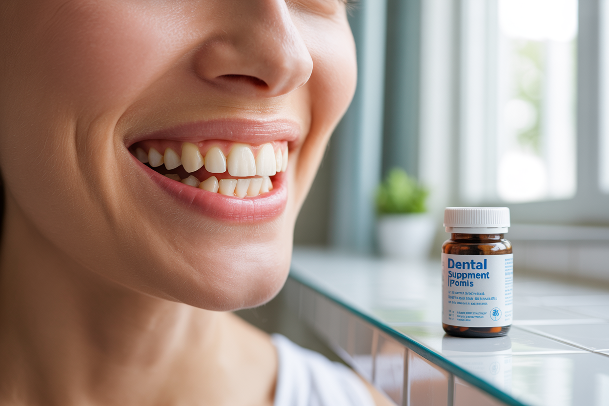 Create a realistic image of a close-up view of healthy, white teeth and pink gums in a bright, genuine smile, with a small bottle of dental supplement pills positioned nearby on a clean white bathroom counter, soft natural lighting from a window creating a fresh and optimistic atmosphere, representing successful oral health transformation and wellness achievement, absolutely NO text should be in the scene.