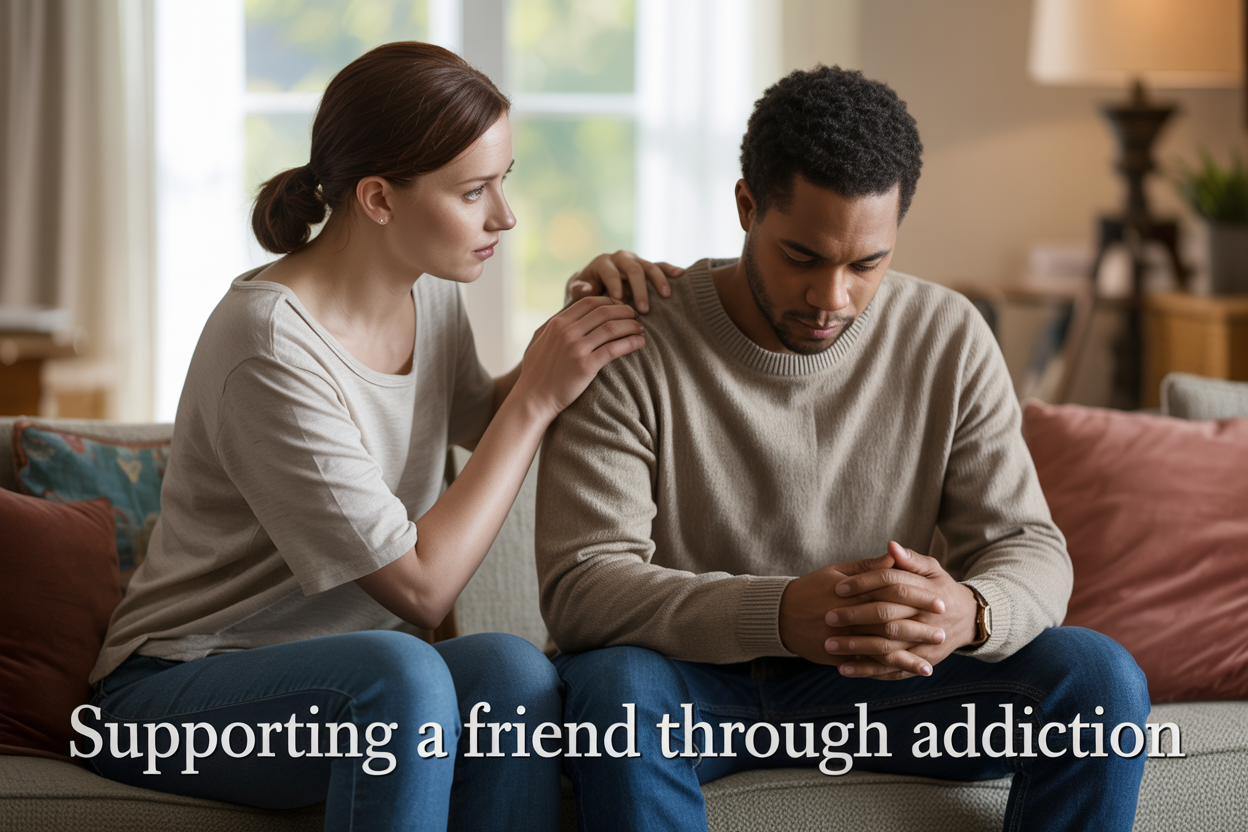 Create a realistic image of two people sitting on a comfortable couch in a warm, softly lit living room - a concerned white female friend gently placing her hand on the shoulder of a distressed black male friend who is looking down with his hands clasped together, with soft natural lighting streaming through a window in the background, warm earth tones throughout the scene, and the text "Supporting a Friend Through Addiction" overlaid in elegant, readable font at the bottom of the image.