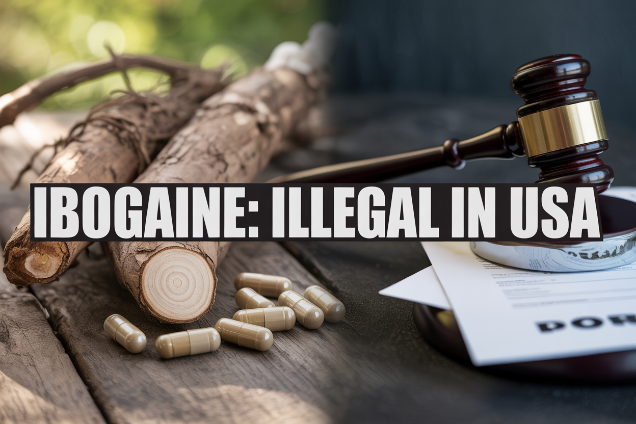 Create a realistic image of a split composition showing on the left side ibogaine root bark and capsules on a wooden surface with soft natural lighting, and on the right side a gavel and legal documents against a dark background representing prohibition, with the text "IBOGAINE: ILLEGAL IN USA" prominently displayed across the center in bold white letters, creating a contrast between the natural medicine and legal restriction themes with a serious, documentary-style mood.