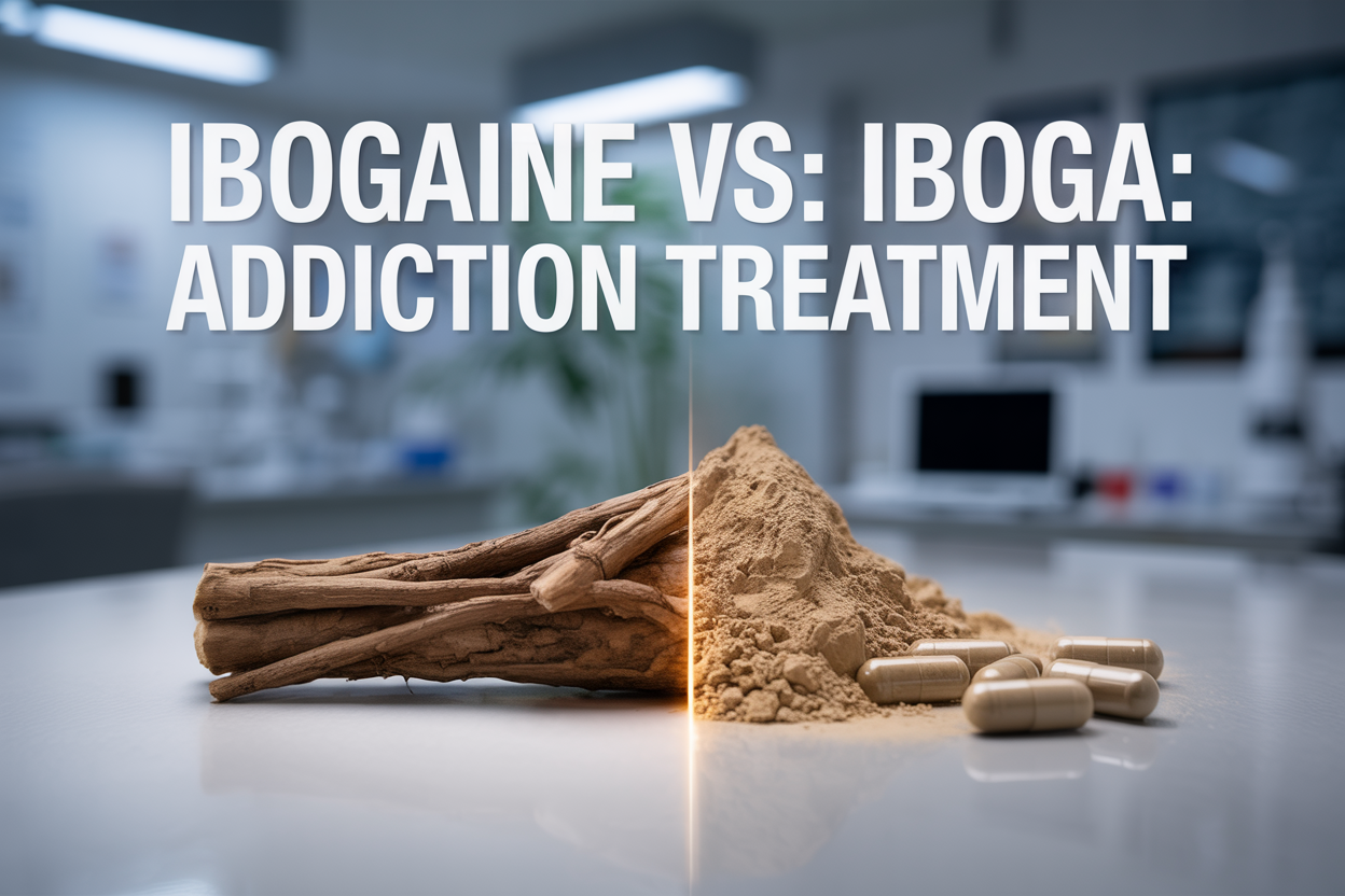 Create a realistic image of a split-screen comparison featuring natural iboga root bark on the left side and refined ibogaine powder or capsules on the right side, placed on a clean white medical surface with soft, professional lighting, including a subtle background of blurred medical equipment or clinic setting, with the text "Ibogaine vs Iboga: Addiction Treatment" prominently displayed at the top in clean, modern typography, conveying a clinical and informative mood suitable for medical research content.