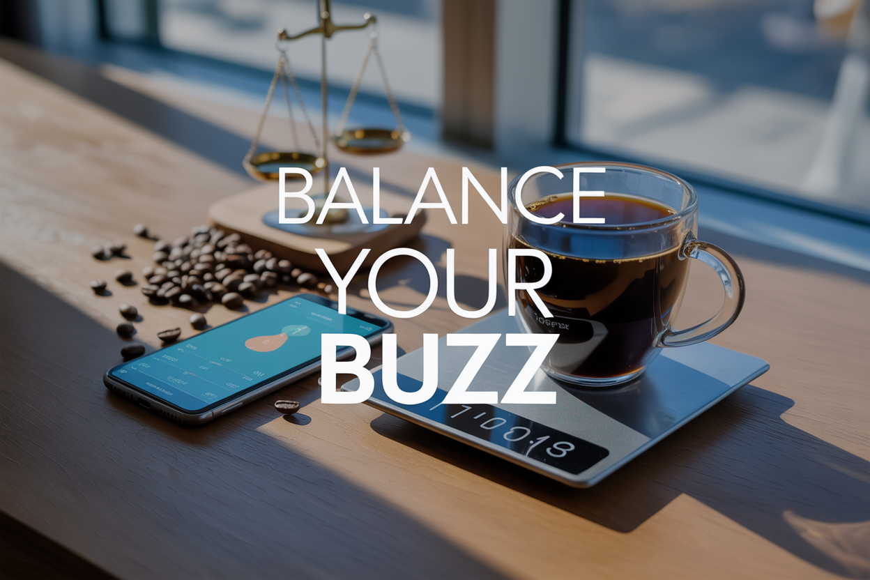 Create a realistic image of a modern coffee cup filled with dark coffee positioned next to a smartphone displaying a health monitoring app, surrounded by scattered coffee beans and a small scale showing balance, with soft natural lighting from a window creating gentle shadows, featuring the text "Balance Your Buzz" overlaid in clean, modern typography, set against a minimalist wooden desk background with subtle blue and warm brown tones to convey both energy and wellness.