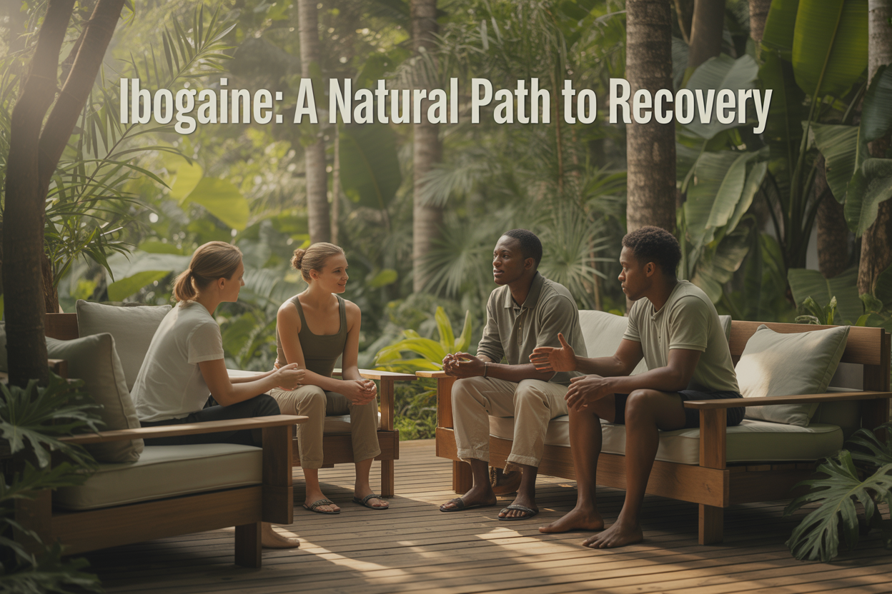 Create a realistic image of a serene natural healing environment with a wooden treatment center nestled among lush tropical foliage, featuring a diverse group of people including a white female and black male counselor speaking gently with a mixed-race female client who appears hopeful and calm, with natural sunlight filtering through the trees creating a warm and peaceful atmosphere, and the text "Ibogaine: A Natural Path to Recovery" elegantly displayed in the upper portion of the image.