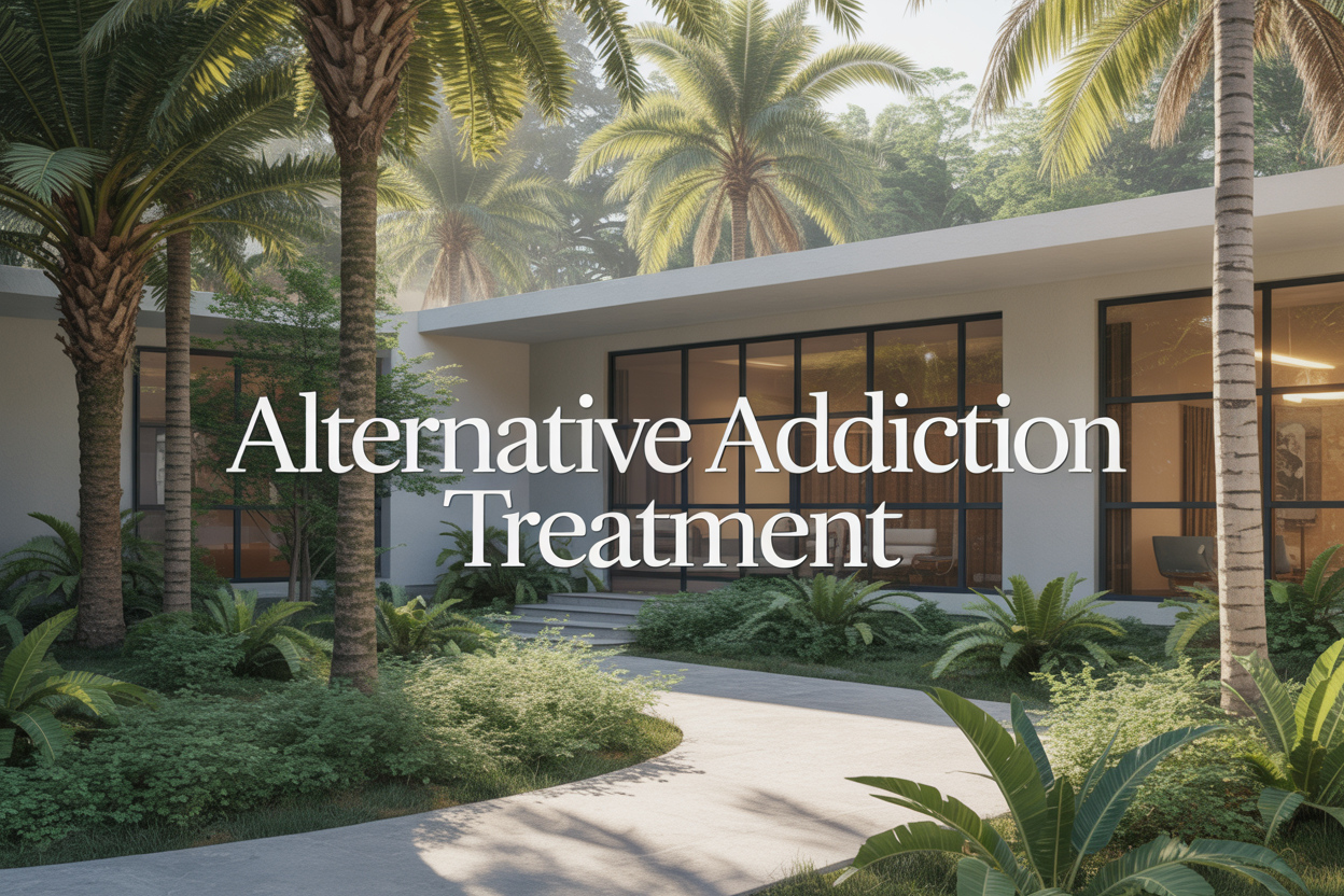Create a realistic image of a serene, modern medical facility exterior with large windows and natural lighting, surrounded by lush tropical vegetation and palm trees, featuring a peaceful pathway leading to the entrance with soft morning sunlight filtering through the foliage, including a subtle overlay text reading "Alternative Addiction Treatment" in clean, professional typography, conveying hope and healing in a calming, therapeutic environment.