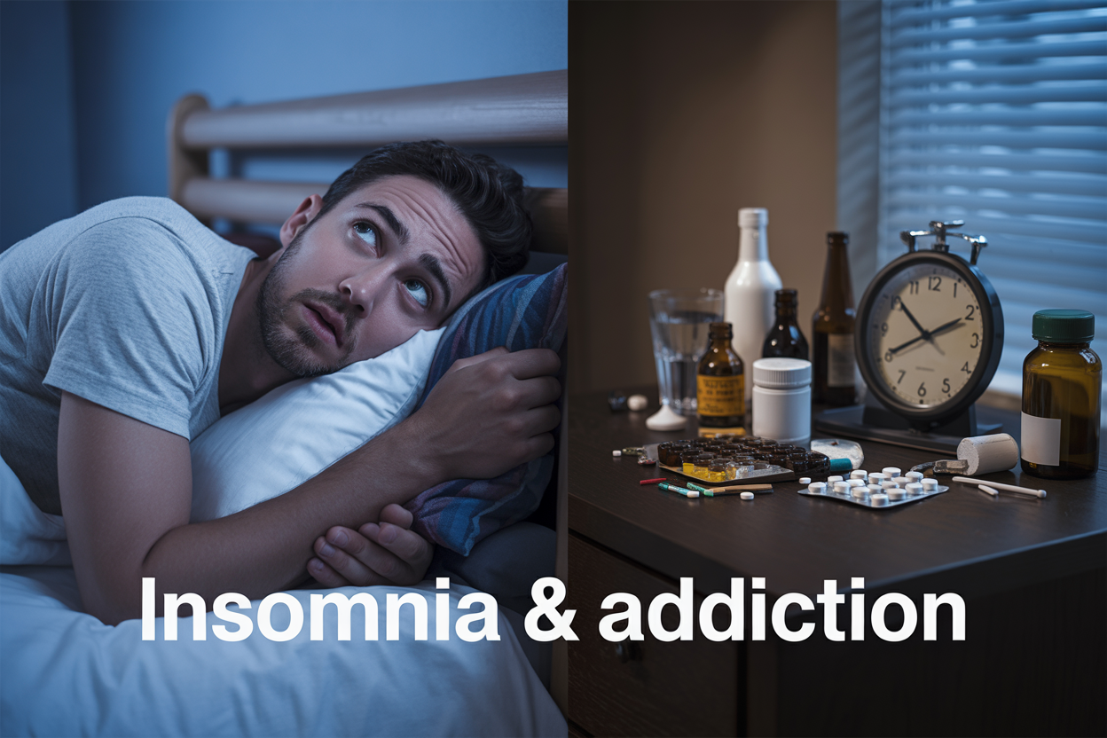 Create a realistic image of a split-screen composition showing a white male in his 30s lying awake in bed at night on the left side, with tired eyes staring at the ceiling, and on the right side showing various substances like pills, alcohol bottles, and drug paraphernalia on a dark wooden table, with a clock showing 3:00 AM in the background, dim bedroom lighting with moonlight streaming through blinds, creating a somber and restless mood, with the text "Insomnia & Addiction" overlaid in white sans-serif font at the bottom center of the image.