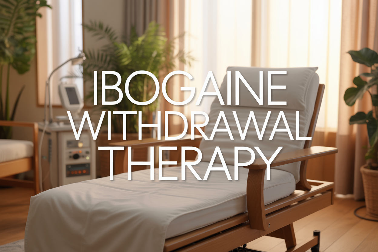 Create a realistic image of a serene medical treatment room with soft, warm lighting, featuring a comfortable reclining chair or bed with clean white linens, medical monitoring equipment subtly placed in the background, natural plants adding a calming atmosphere, and gentle sunlight filtering through sheer curtains, with the text "Ibogaine Withdrawal Therapy" elegantly displayed in modern, clean typography overlaying the peaceful healing environment.