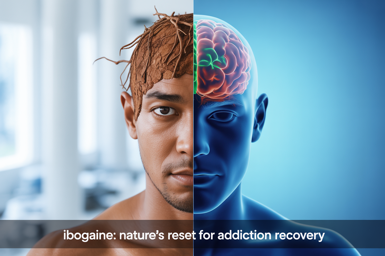 Create a realistic image of a split-screen composition showing a close-up of ibogaine root bark with its natural brown fibrous texture on the left side, and a stylized brain illustration with highlighted neural pathways in blue and green colors on the right side, set against a clean white medical background with soft, professional lighting, including the text "Ibogaine: Nature's Reset for Addiction Recovery" in modern sans-serif font positioned at the bottom center of the image.